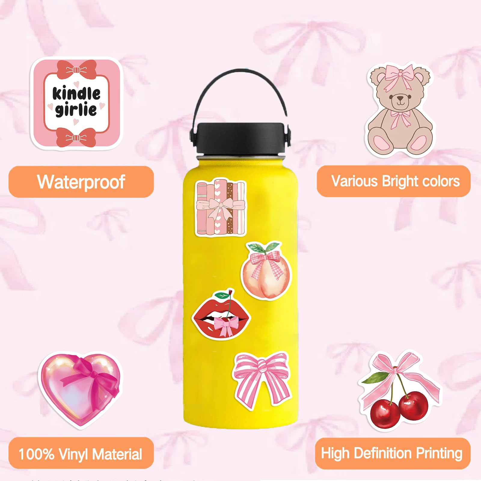 100PCS Pink Aesthetic Stickers Pack - Cute Bow Tie Coquette Stickers for Girls, Waterproof Vinyl Decals for Laptop, Phone, Notebook & Scrapbooking - Kawaii Room Decor & DIY Craft Supplies