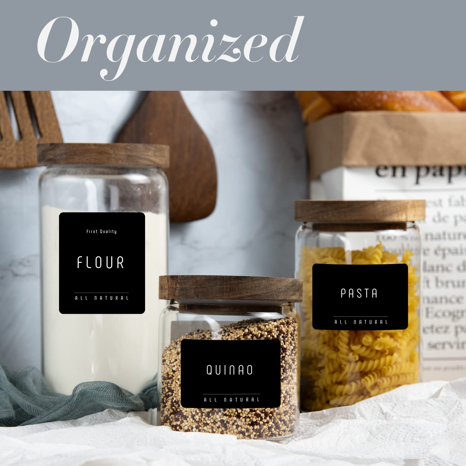 Minimalist Farmhouse Pantry Labels for Containers - 134 Preprinted Black Matte Stickers with White Text - Waterproof Organization Labels for Jars, Bottles, Canisters & Storage Bins - Perfect for Kitchen, Pantry & Home Organization