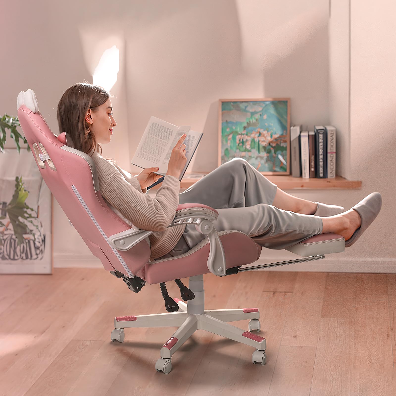 **PUKAMI Pink Gaming Chair with Cat Ears & Footrest - Ergonomic Reclining Computer Chair for Girls, Kawaii Cat Paw Cushion Included - Perfect for Gaming, Streaming, and Home Office**