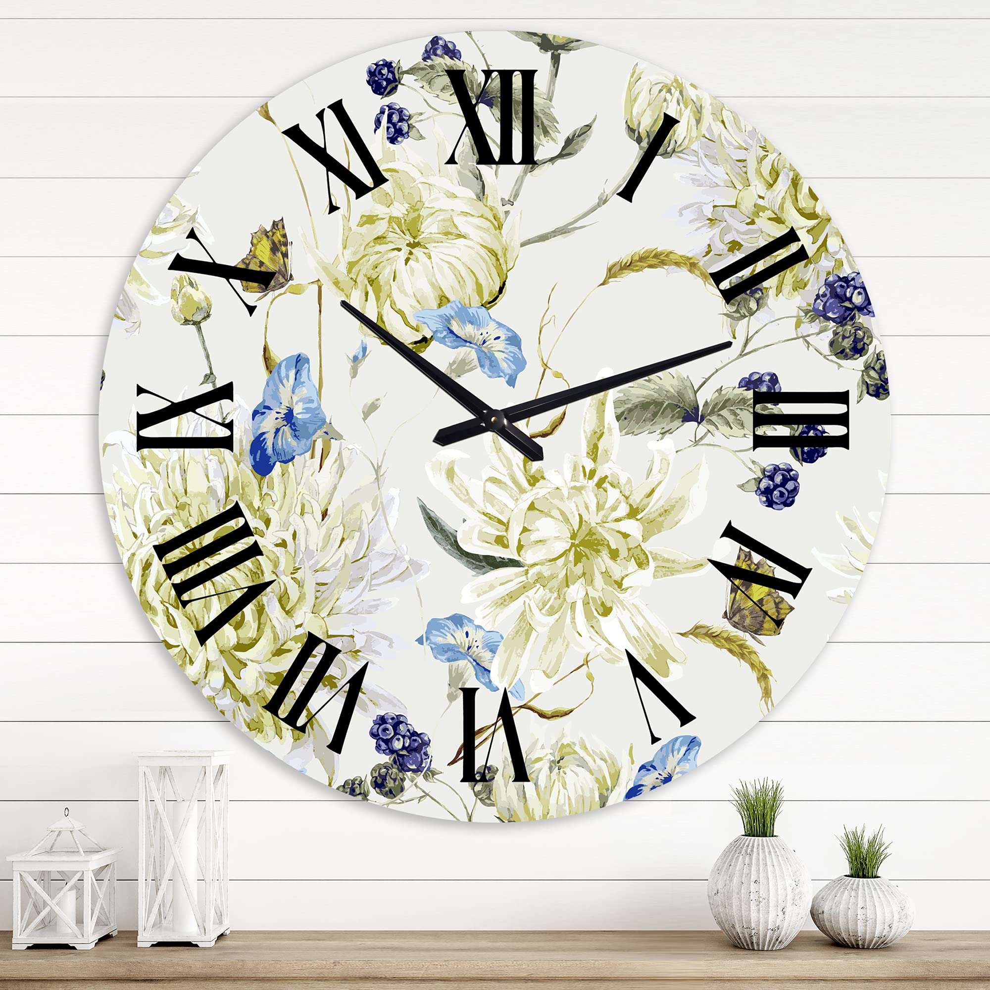 Vintage Yellow Chrysanthemum II Floral Wall Clock - Large Traditional Decorative Clock for Bedroom, Living Room & Office | Home Decor & Interior Design