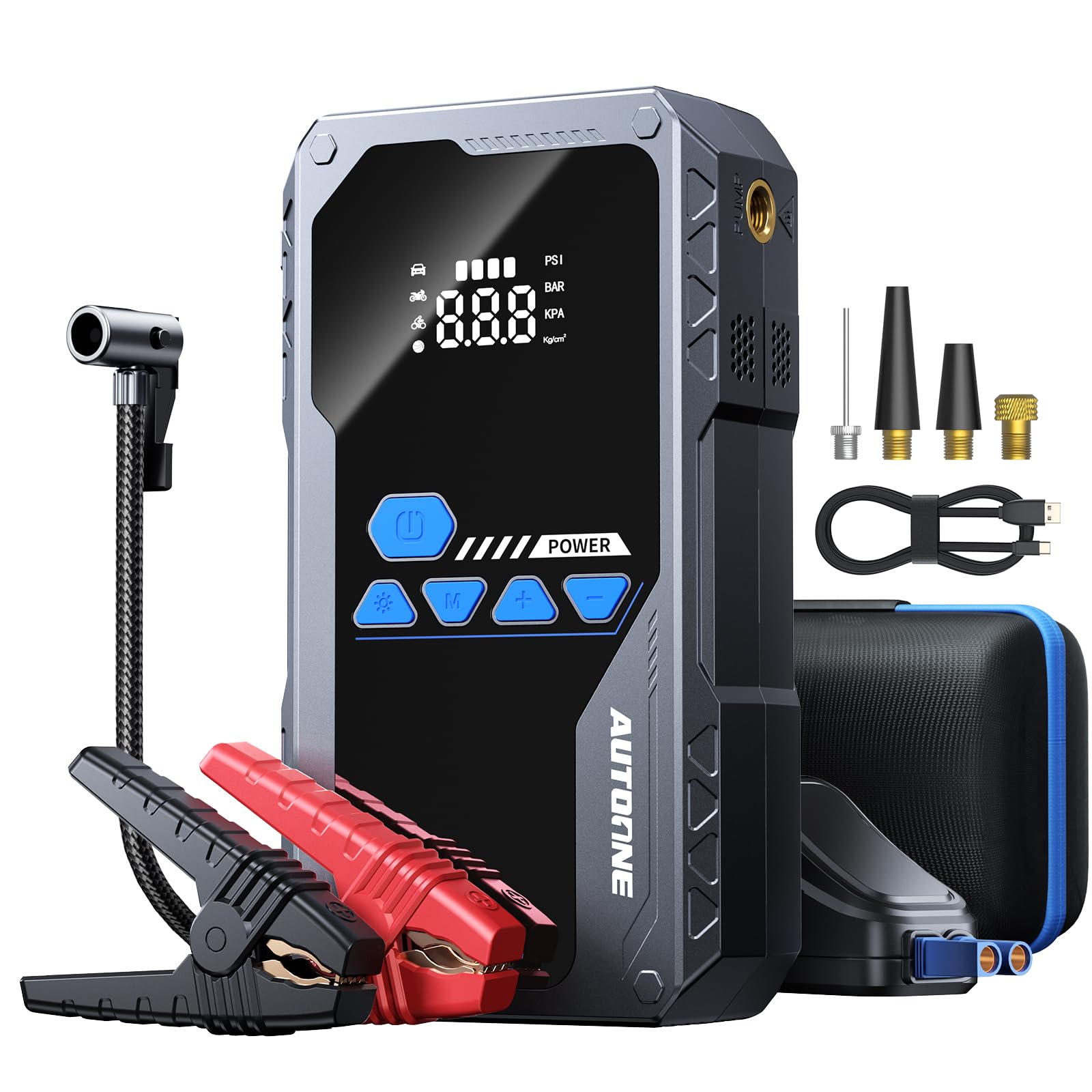 AUTOONE 5000A Portable Jump Starter with Air Compressor - 150PSI Car Battery Booster for All Gas & 10L Diesel Engines, Tire Inflator with LCD Display, LED Flashlight & Storage Case - Emergency Roadside Assistance, Camping & Home Power Backup