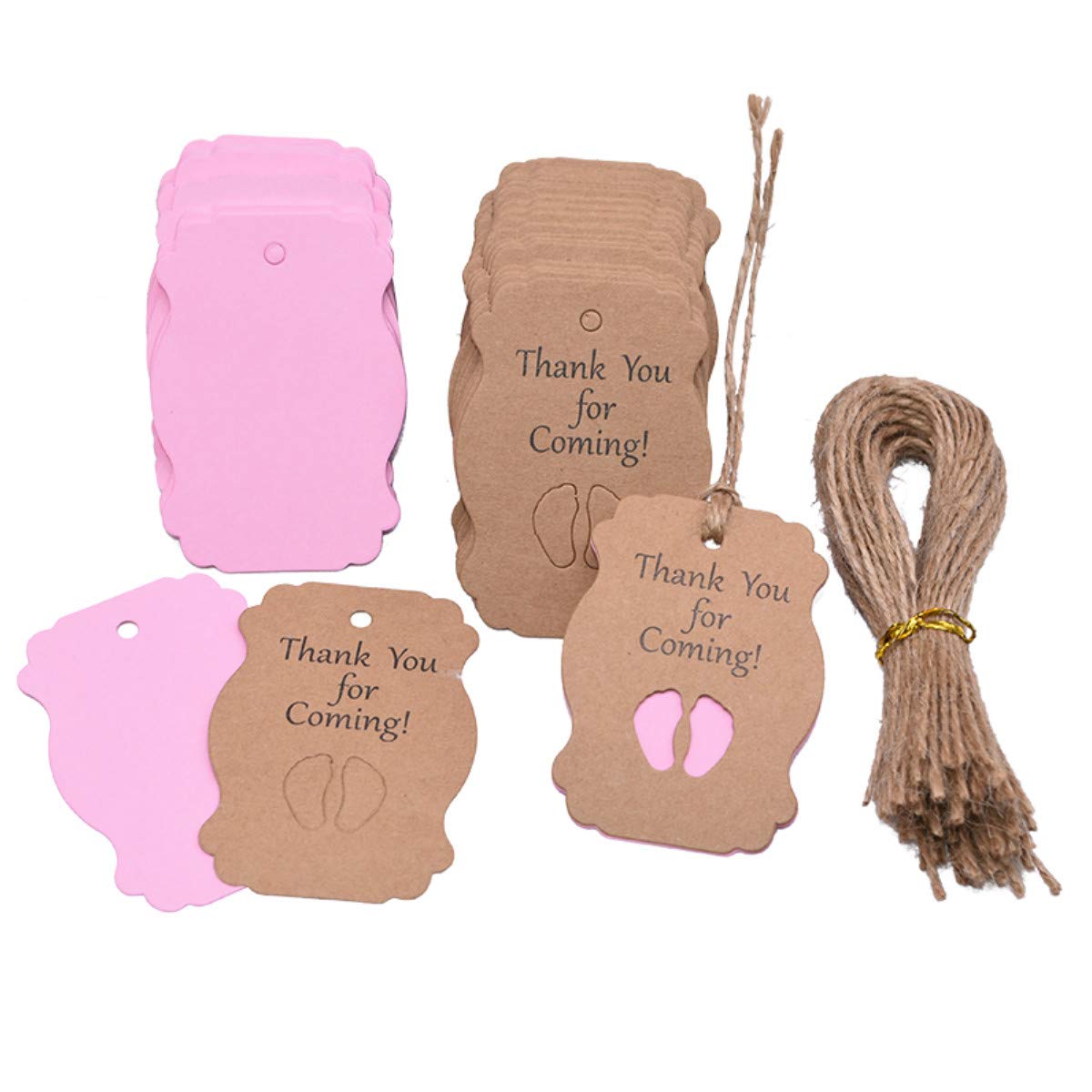100pcs Pink Baby Shower Gift Tags - Kraft Paper Thank You Tags with Baby Feet Design & 66ft Jute Twine - Perfect for Baby Showers, Birthday Parties, and Wedding Favors Decoration