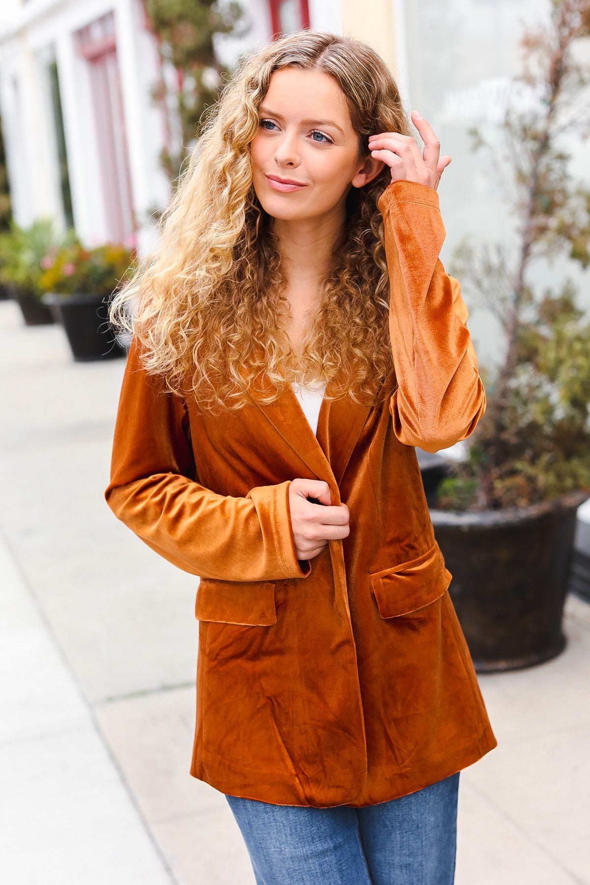 Stylish Rust Velvet Blazer with Lapel - Elegant Holiday Party Outfit for Women | Perfect for Christmas, Weddings & Special Occasions
