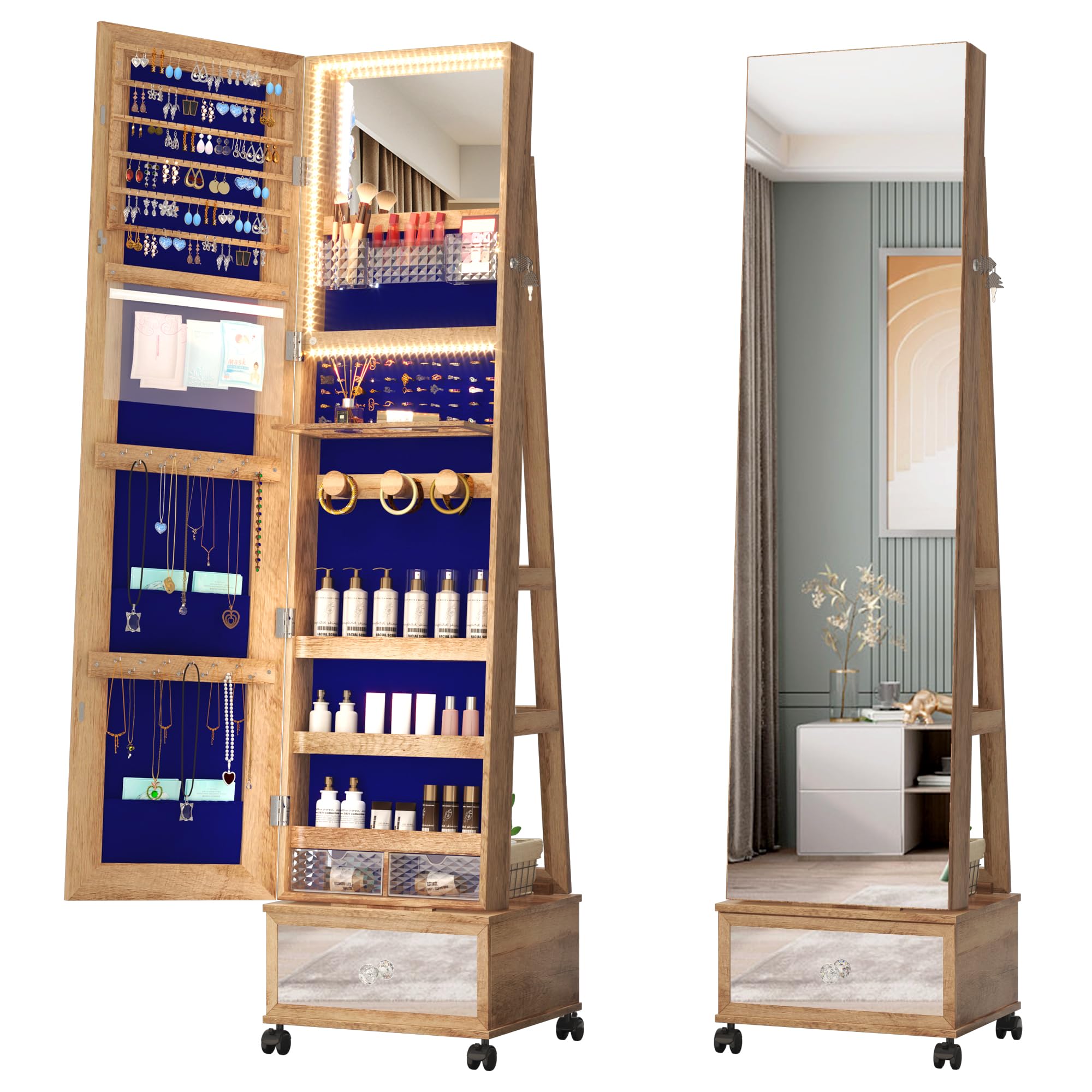 360° Swivel Jewelry Mirror Cabinet with LED Lights - Standing Jewelry Armoire Organizer with Rotatable Full Length Mirror, Lockable Storage & Built-in Makeup Mirror - Perfect for Bedroom, Dressing Room & Vanity Organization