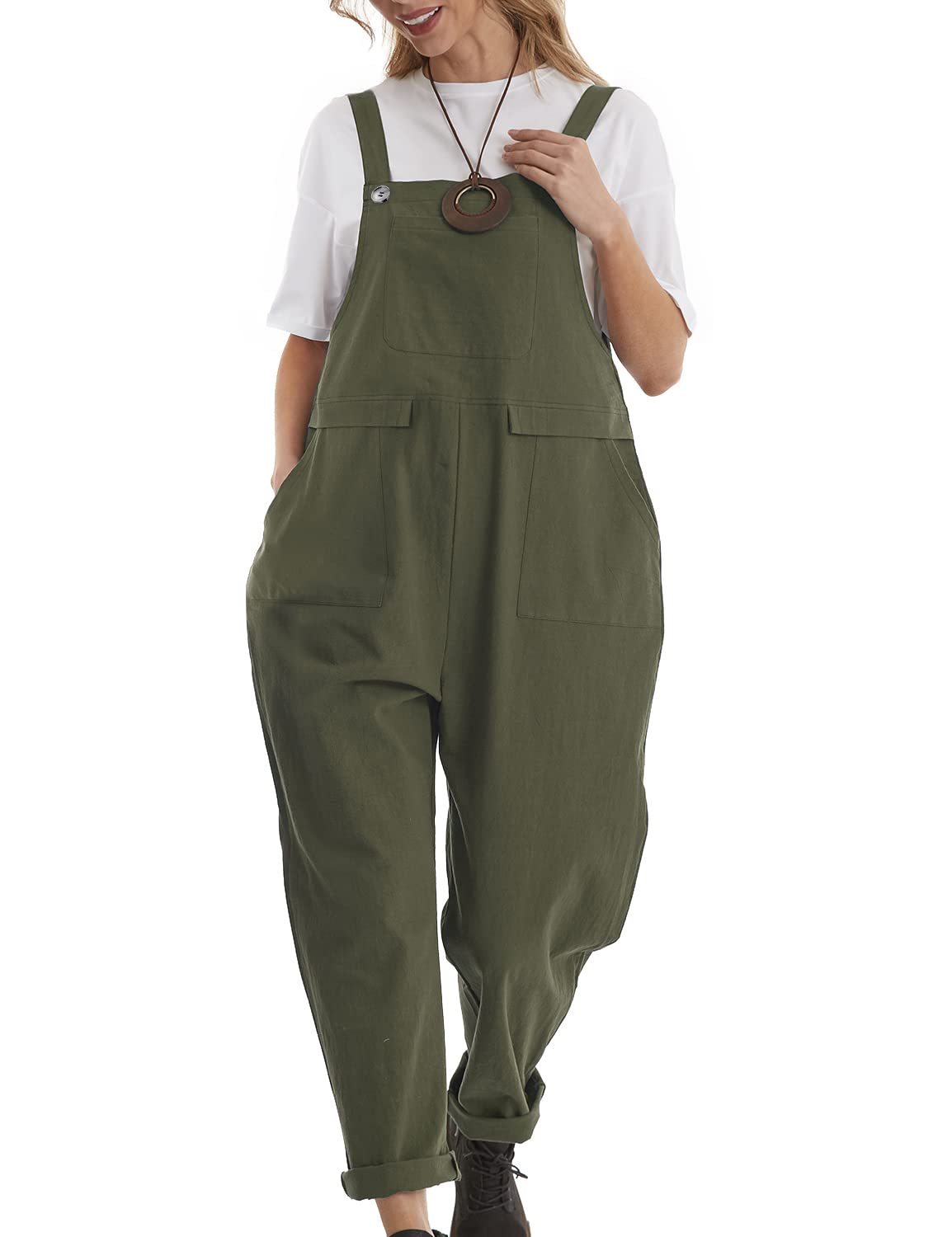 YESNO Women's Casual Loose Bib Overalls - Baggy Romper Jumpsuit with Pockets | Comfortable Long Pants for Everyday Wear, Outings & Relaxation (Style PV9)