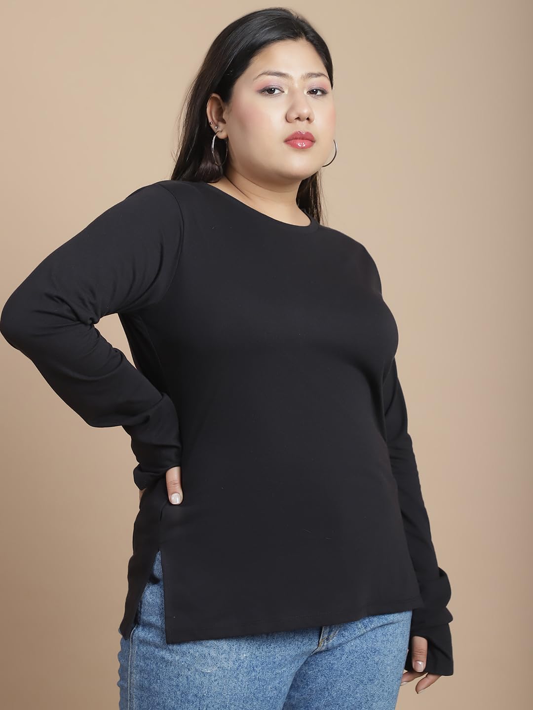 Rigo Women's Plus Size Thumbhole T-Shirt - Slim Fit Round Neck Tee with Side Slits | Western Style Gym & Workout Top | Perfect for Yoga, Running & Casual Wear