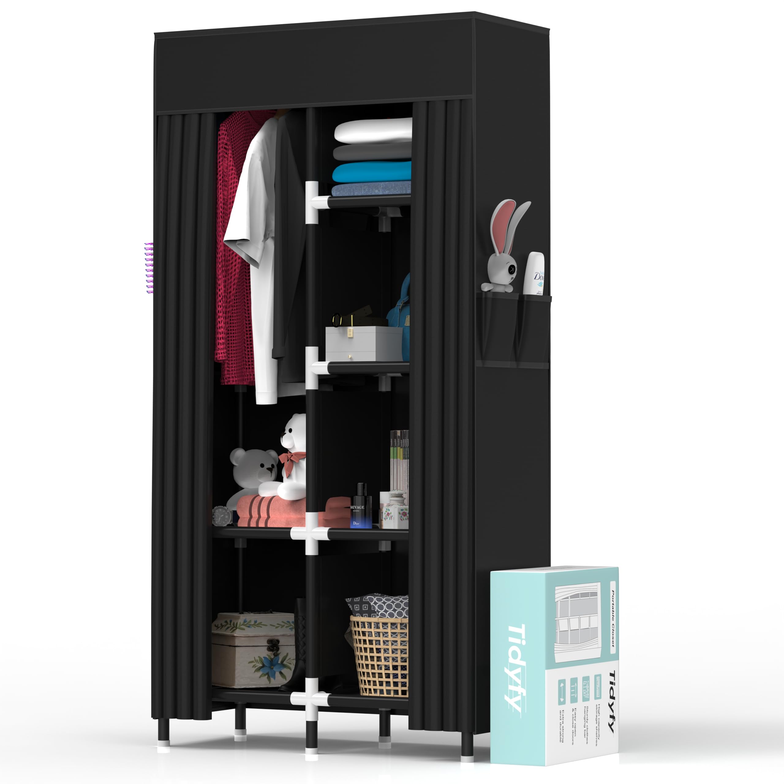 Portable Closet Organizer with 6 Shelves & Hanging Rack - Space-Saving Wardrobe Storage for Clothes | Ideal for Small Spaces, Dorms, Apartments & Travel | Perfect for Home, Office & Camping Use (Black)