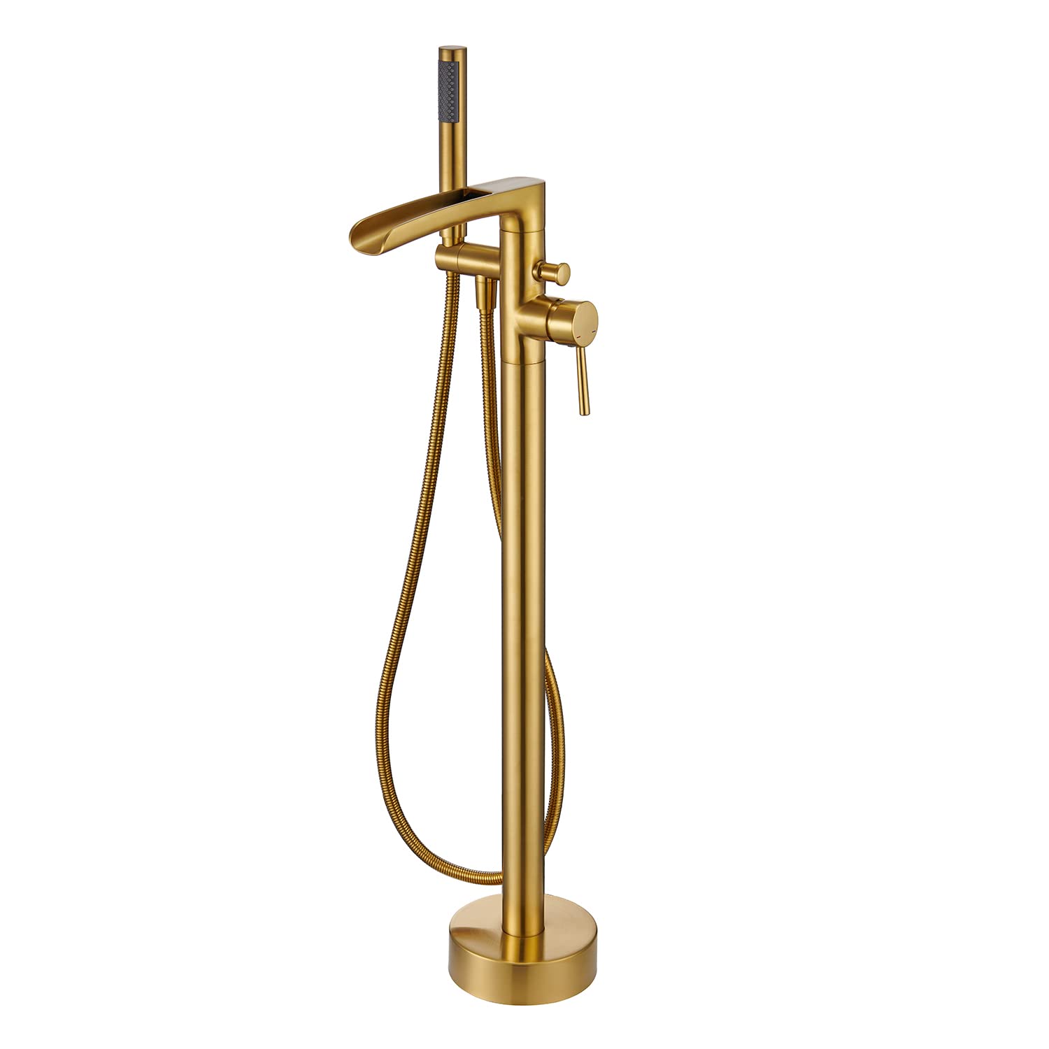 Qinkell Freestanding Bathtub Faucet with Waterfall Spout & Handheld Shower - Brushed Gold Floor Mount Tub Filler with 360° Swivel and Diverter - Perfect for Modern Bathroom, Spa, and Luxury Home Decor