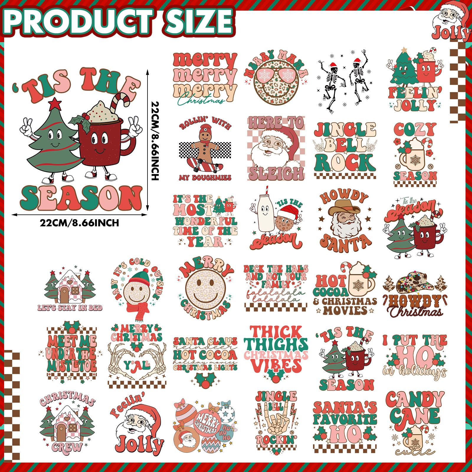 Estune 30 Pcs Christmas Iron-On Transfers - Retro Santa & Gingerbread Heat Transfer Vinyl Decals for DIY Clothing, Bags & Holiday Decorations (Xmas Party, Gift Wrapping, Festive Home Decor)