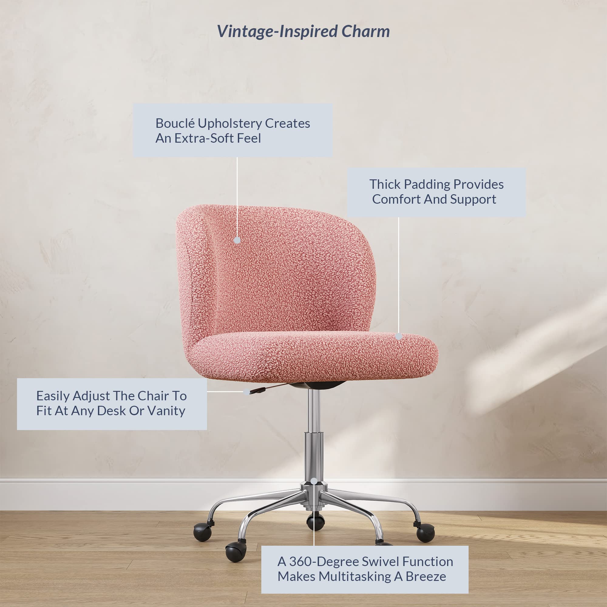 BELLEZE Modern Upholstered Boucle Swivel Office Chair with Adjustable Height - Pink Rolling Desk Chair for Home Office, Gaming, Study & Vanity | Stylish Comfortable Work Chair with Wheels