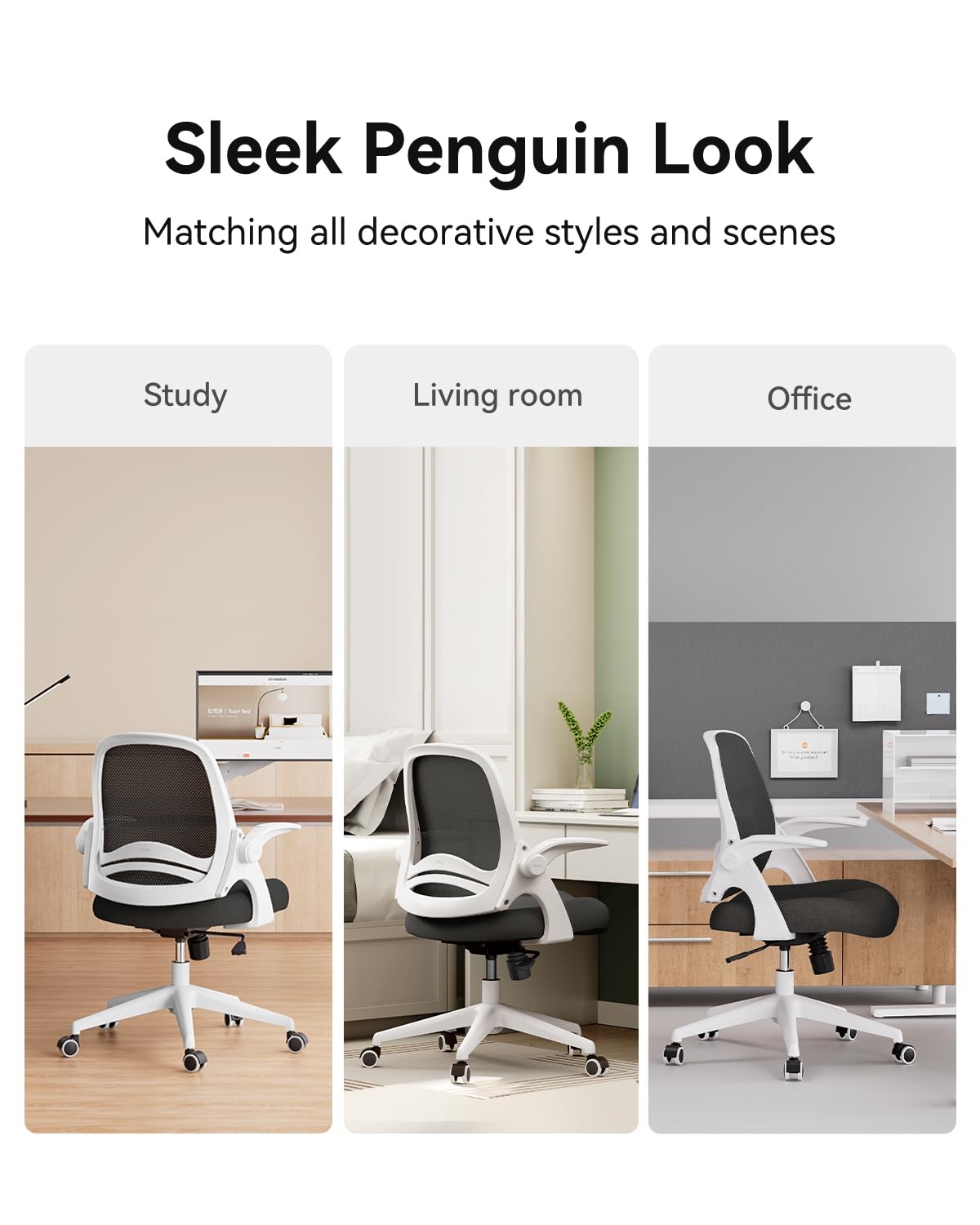 Hbada Ergonomic Office Chair with Flip-Up Armrests & S-Shaped Backrest - Adjustable Swivel Mesh Desk Chair with Saddle Cushion, White - Perfect for Home Office, Gaming & Workspace Comfort