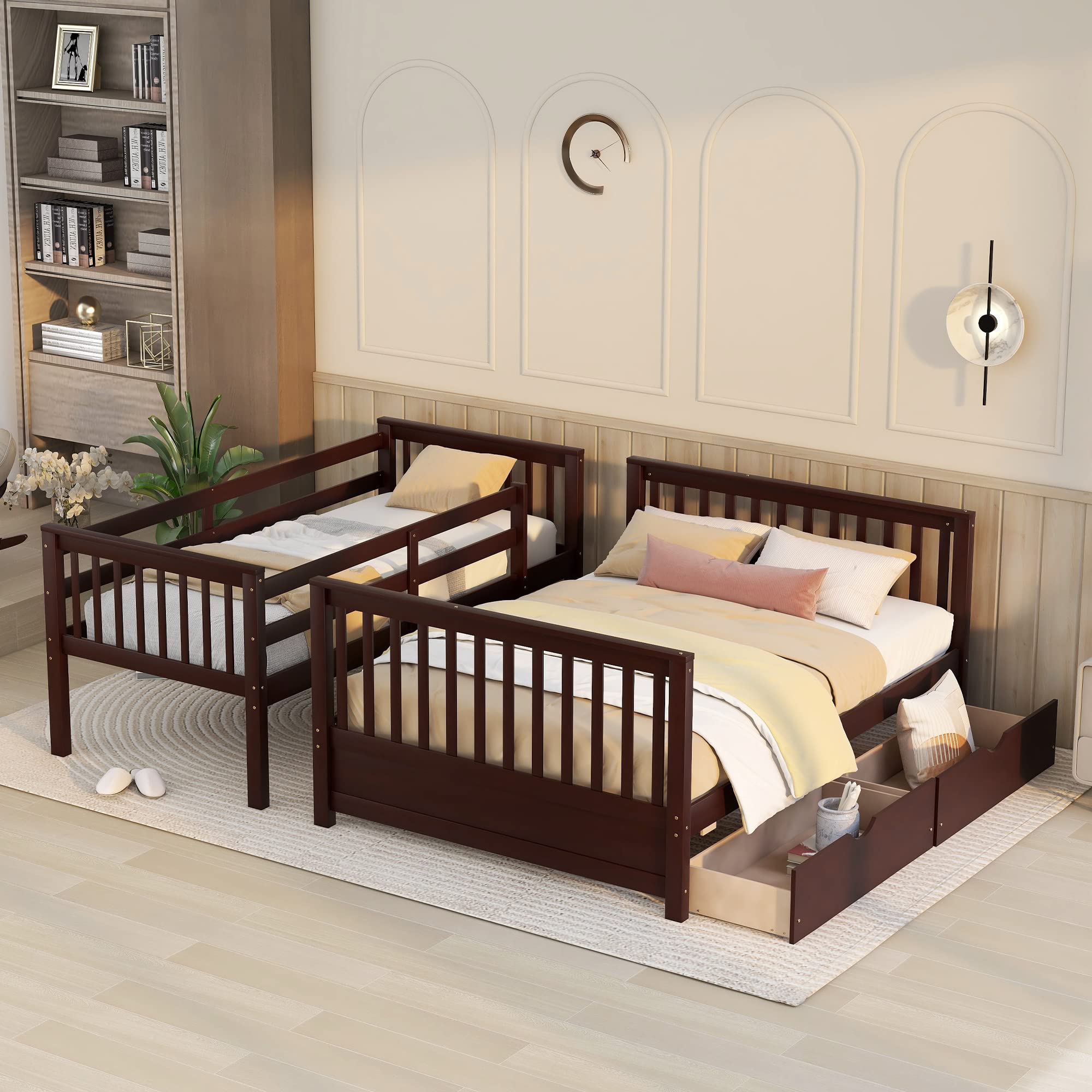 P PURLOVE Twin Over Full Bunk Bed with 2 Storage Drawers - Sturdy Wood Bunk Bed Frame with Ladders, No Box Spring Required, Espresso Finish - Perfect for Kids' Bedroom, Guest Room & Space-Saving Solutions