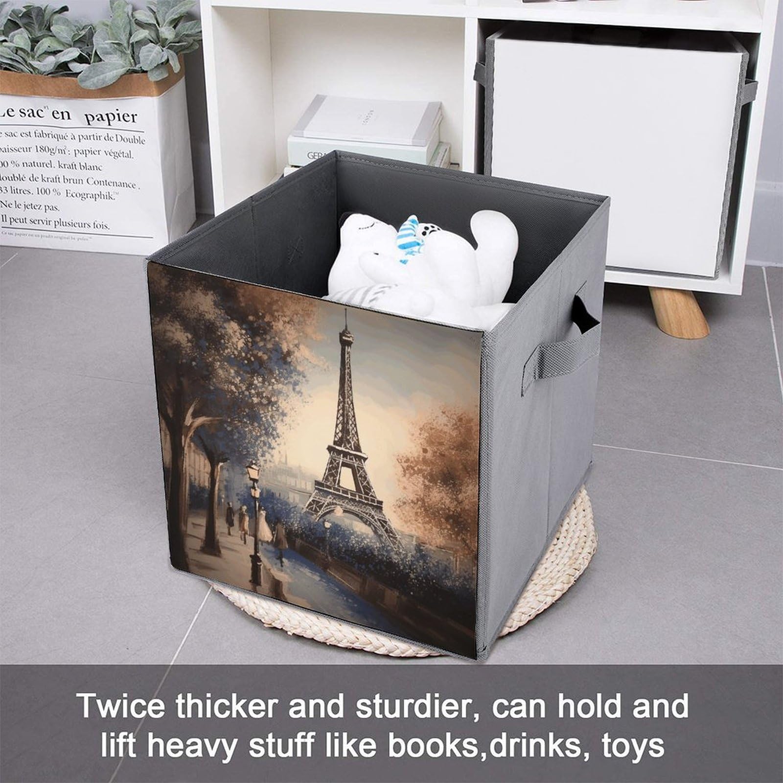 Foldable Storage Bins with Paris Eiffel Tower Print - Large Capacity Multi-Functional Organizer Box for Home, Office & Closet Organization (1-Pack) - Perfect for Storing Toys, Clothes, Books & Household Items