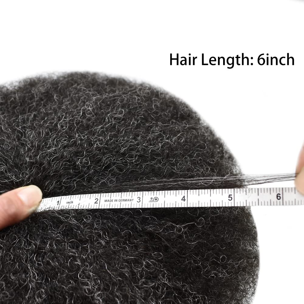 Full Lace Afro Toupee for Black Men - 8x10 Kinky Curly Virgin Human Hair System with Natural Hairline (Jet Black +20% Grey, 6mm) - Perfect for African American Men's Hair Replacement & Styling