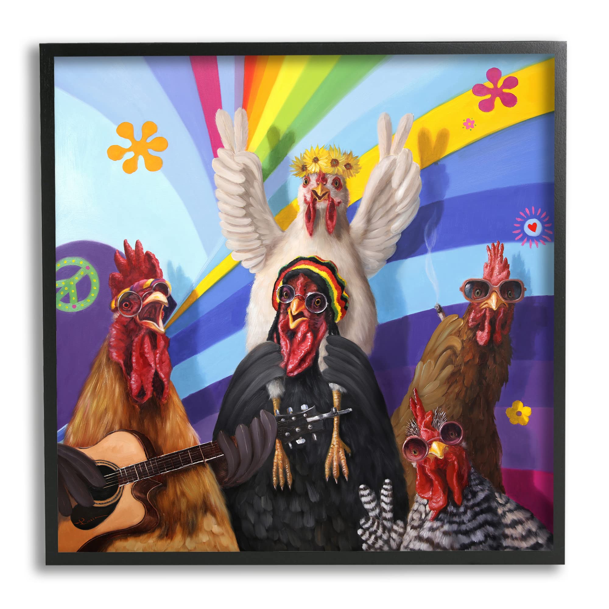Stupell Industries Hippy Chicken Art Print - Colorful Birds Singing with Guitar Instrument & Smoking Rainbows - Whimsical Wall Decor by Lucia Heffernan - Perfect for Boho Living Room, Bedroom or Office Decor