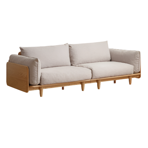 94.8x36.2x31.8 inch / 241x92x81 cm / Natural wood color / Rice-size three-seater (imitation cotton and linen gravel white