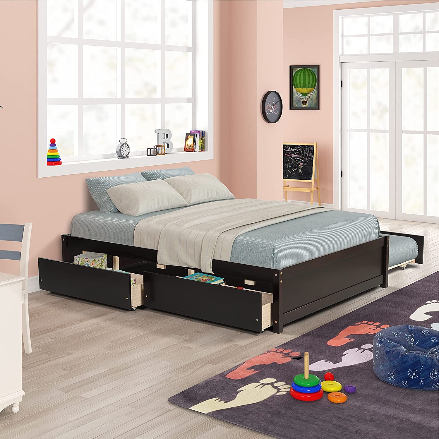 Rophefx Full Size Platform Bed with Twin Trundle and 2 Storage Drawers, Solid Wood Kids Bed Frame in Espresso Finish - Perfect for Small Bedrooms, Guest Rooms & Kids' Sleepovers