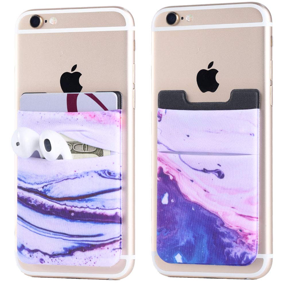 2 Pack Stretchy Lycra Stick-On Phone Wallet - Double Pocket Credit Card Holder & ID Case for iPhone Android Smartphones (Sand Marble Purple) - Perfect for Hands-Free Shopping, Commuting & Travel Accessories