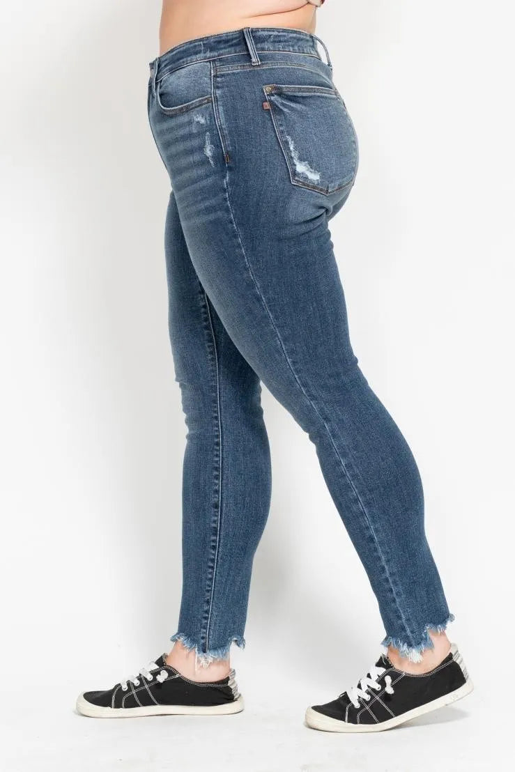 Judy Blue Plus Size High Waist Skinny Jeans with Distressed & Shark Bite Hem - Trendy Women's Denim Pants for Casual Wear & Night Out