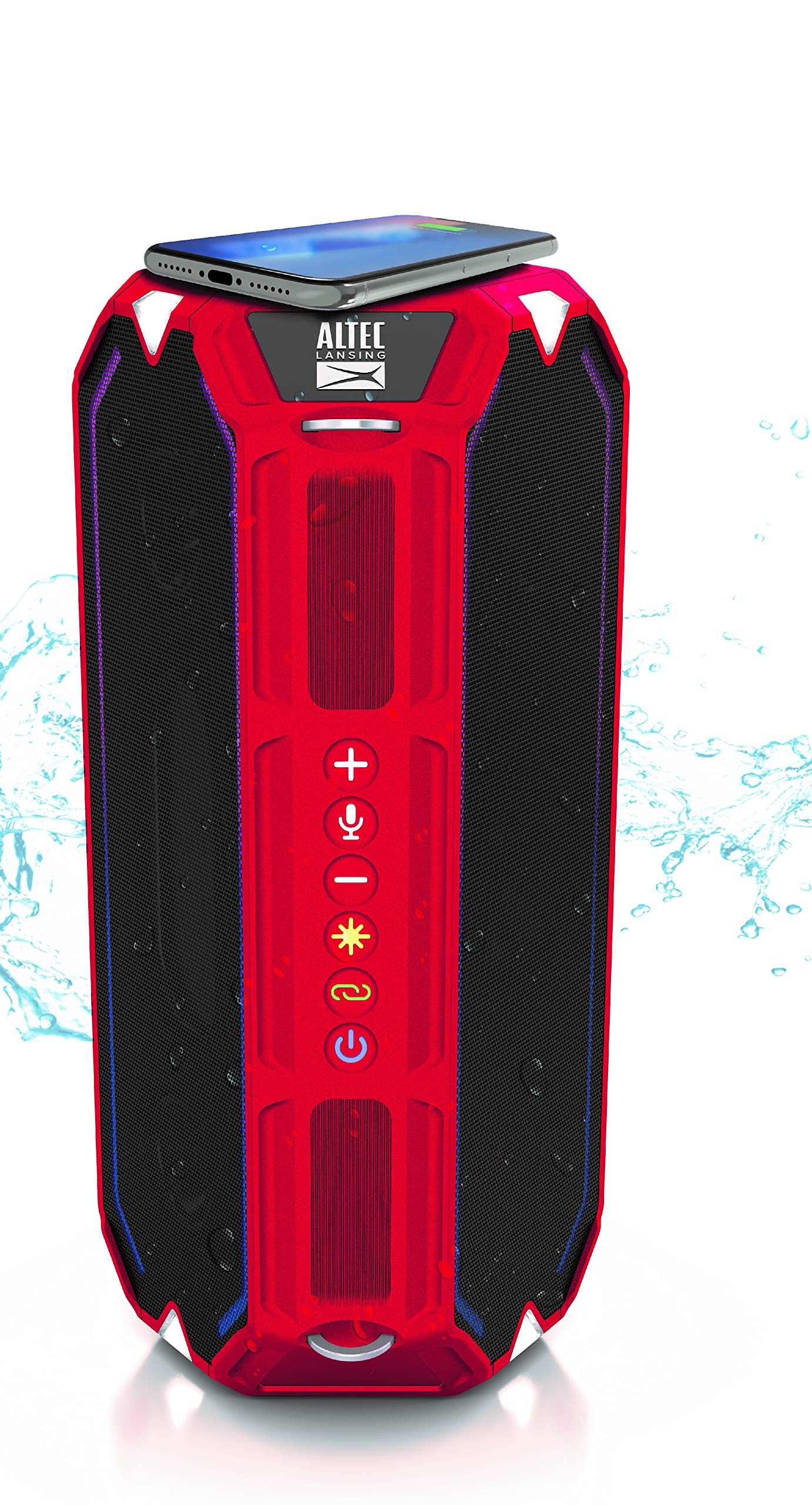 Altec Lansing HydraShock Waterproof Bluetooth Speaker with Wireless Charger - IP67 Rated, 20H Playtime, USB-C Rechargeable, LED Lights - Perfect for Pool, Beach, Hiking, Camping & Outdoor Adventures (Red)