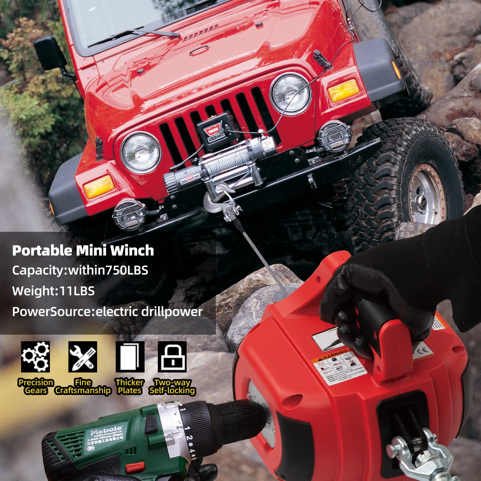 750 LB Capacity Portable Drill Winch - 360° Rotating Hook with 40ft Alloy Wire Rope - Handheld Winch for Lifting, Dragging, Log Handling & Wire Fence Installation - Perfect for Construction, Farm Work & Outdoor Projects