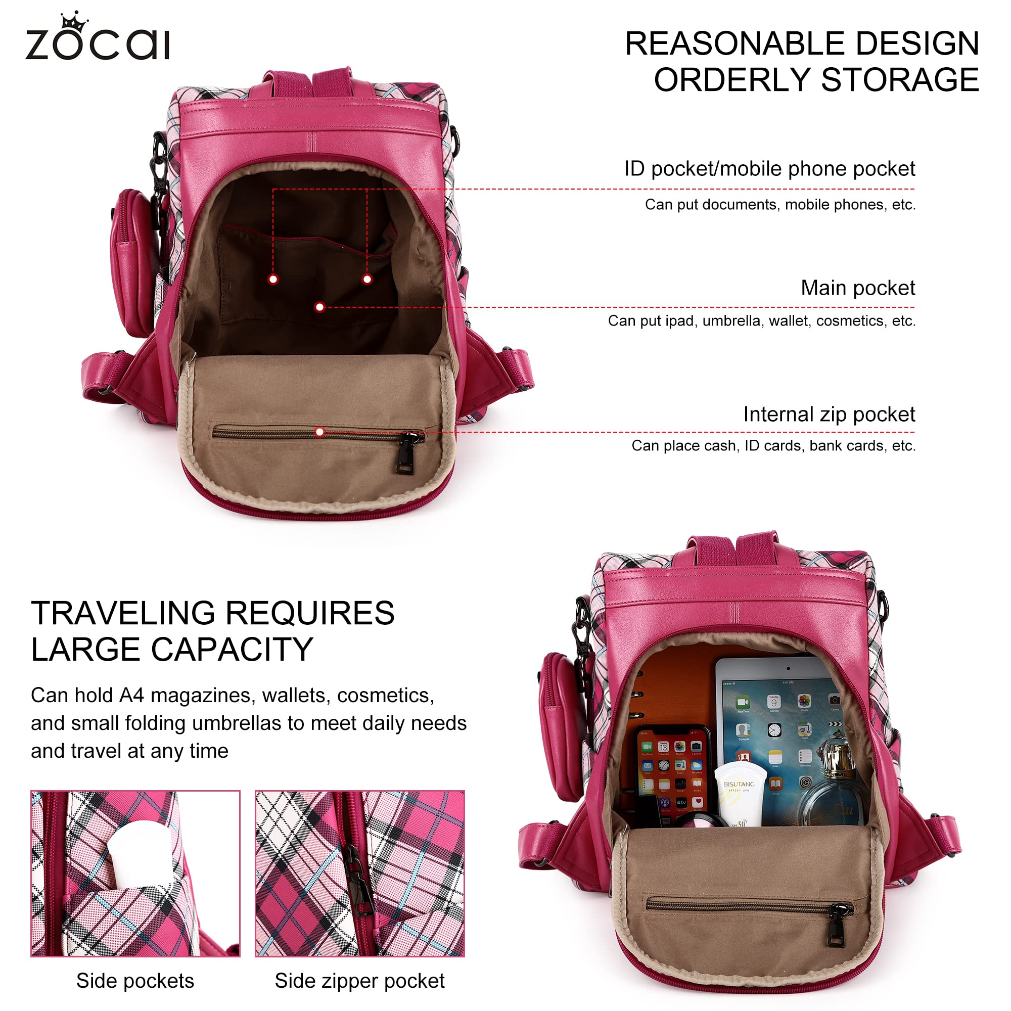 ZOCAI Women's Fashion Backpack Purse - PU Leather Anti-Theft Shoulder Bag & Satchel Daypack for Work, Travel & Daily Use