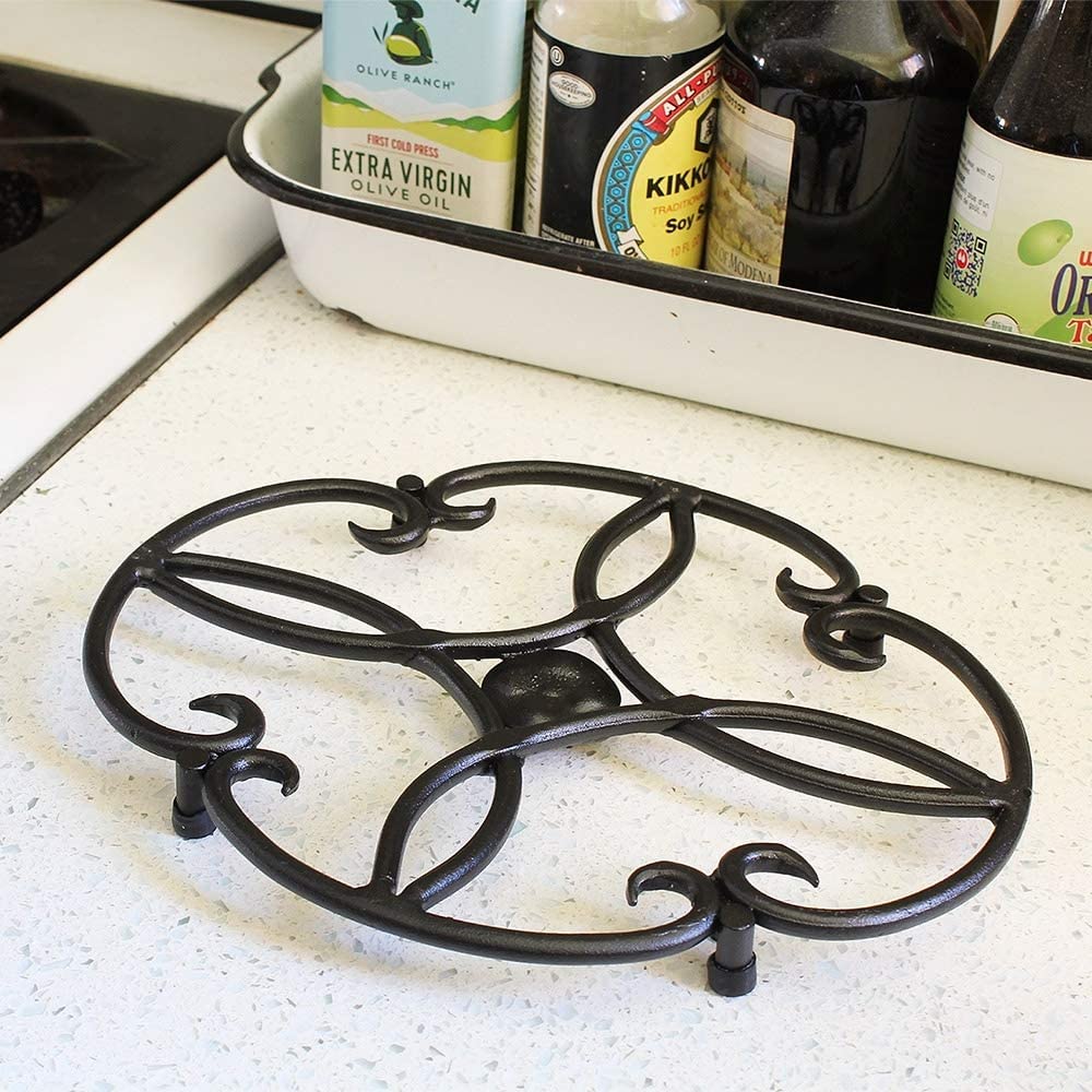 Black Wrought Iron Tabletop Trivet for Woodstove - Heat Resistant Clover Design for Hot Pots, Pans & Serving Dishes - Perfect for Kitchen, Dining & Outdoor BBQ Use
