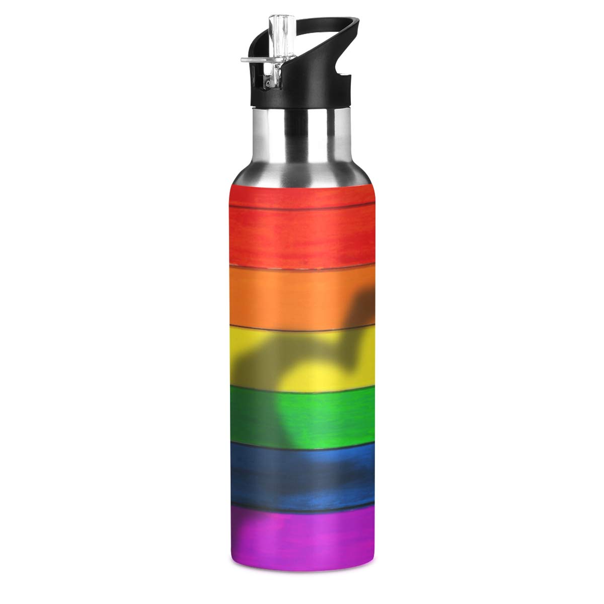 ALAZA Stainless Steel Vacuum Insulated Water Bottle with Straw - 24oz Rainbow Pride Design with Wooden Heart - Perfect for Gym, Hiking, Travel & LGBTQ+ Events