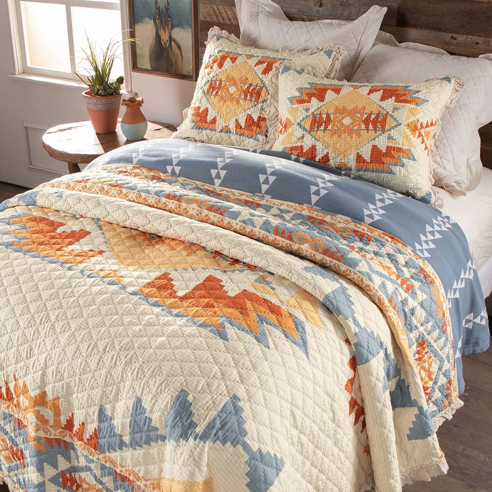 Southwest Aztec Geometric King Quilt with Ruffle Trim - Blue, Orange, Rust, Tan, Cream - 105x95 Inches - Perfect for Southwestern, Boho, or Native American Style Bedrooms