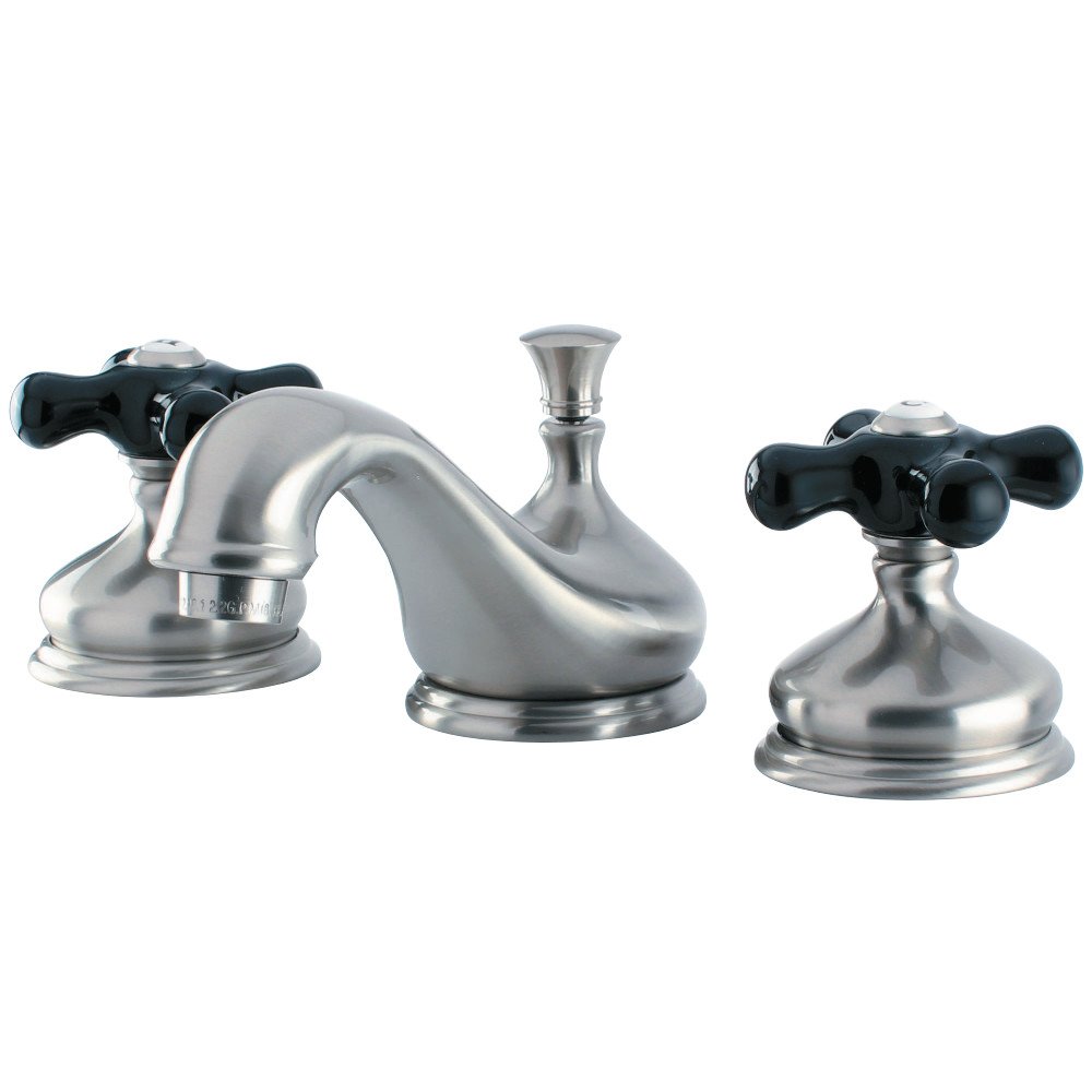 Widespread Bathroom Faucet with Brass Pop-Up Drain and Cross Handle in Satin Nickel Finish - Perfect for Modern Vanities and Guest Bathrooms
