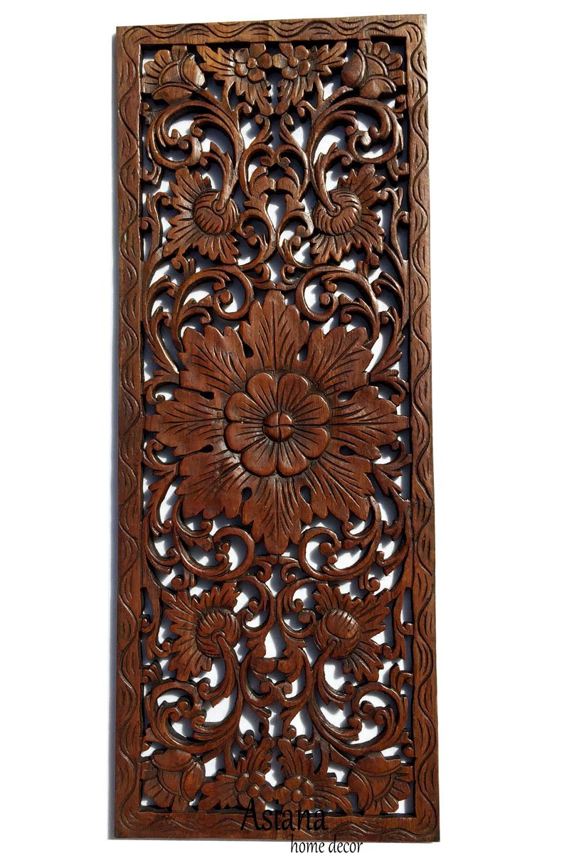 Hand-Carved Floral Wood Wall Panel - 35.5x13.5 Inch Asian Home Decor - Brown Wooden Wall Art for Living Room, Bedroom & Dining Room Decor