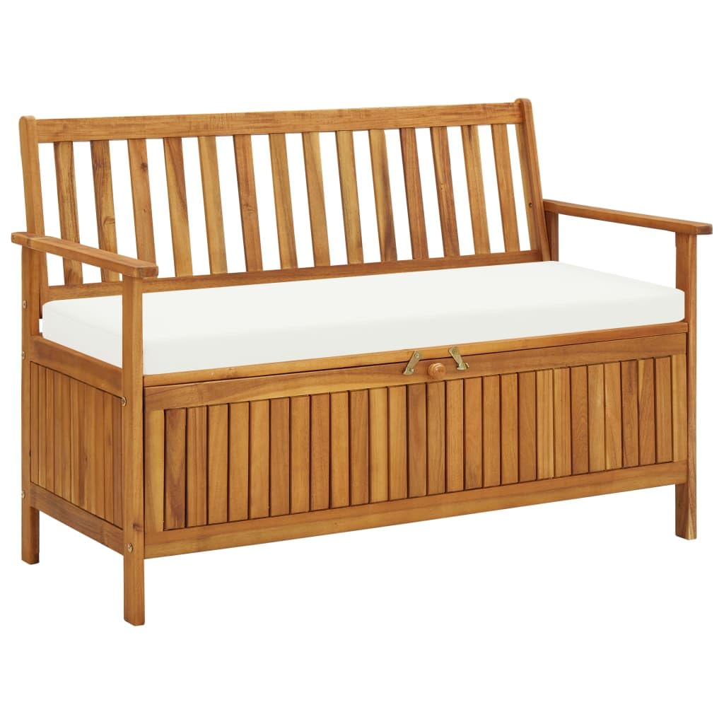 vidaXL Solid Acacia Wood Outdoor Storage Bench with Backrest, Armrests & Cushion - 47.2