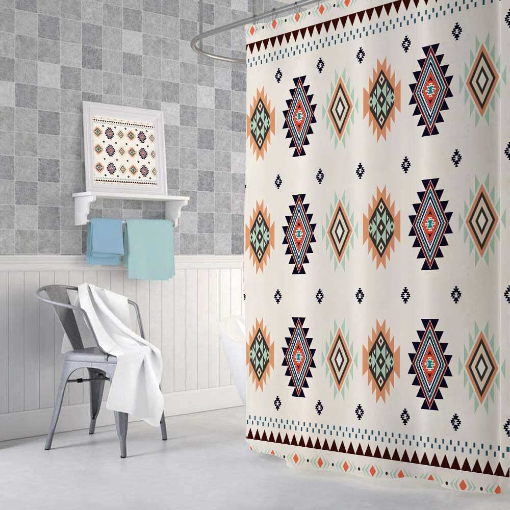 Aztec Western Shower Curtain Set - 60x70 Inch Beige Southwestern Tribal Native American Fabric Bathroom Decor with Hooks | Bohemian Southwest Style for Bathroom & Restroom Decor | Perfect for Western, Rustic, or Boho Themed Homes