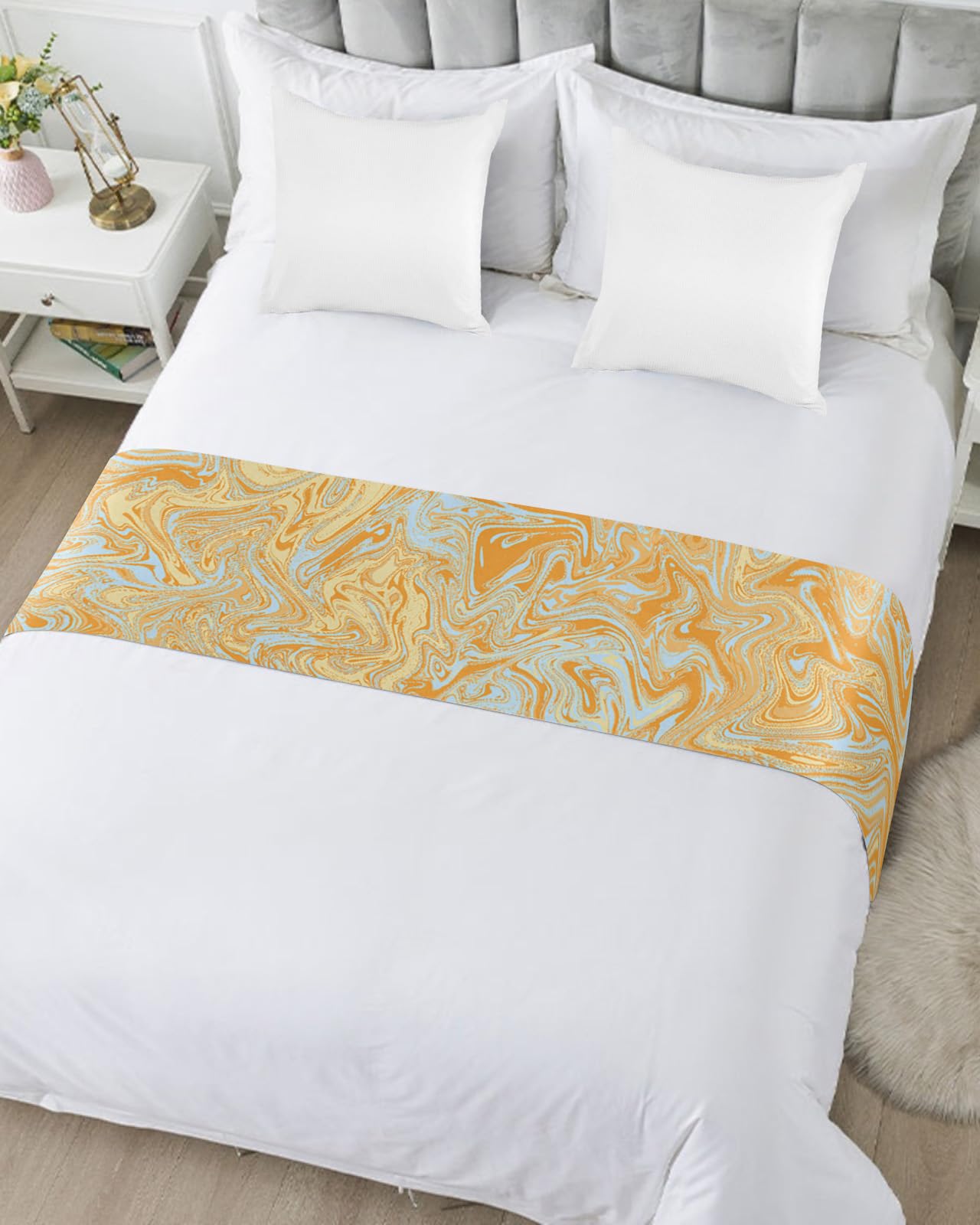 Luxury Yellow Teal Bed Runner for Queen Size Bed - Modern Irregular Geometric Abstract Art Bed Scarf Throw (83 x 20 Inch) | Elegant Foot of Bed Cover for Home & Hotel Decor | Perfect for Bedroom Styling & Protecting Mattress