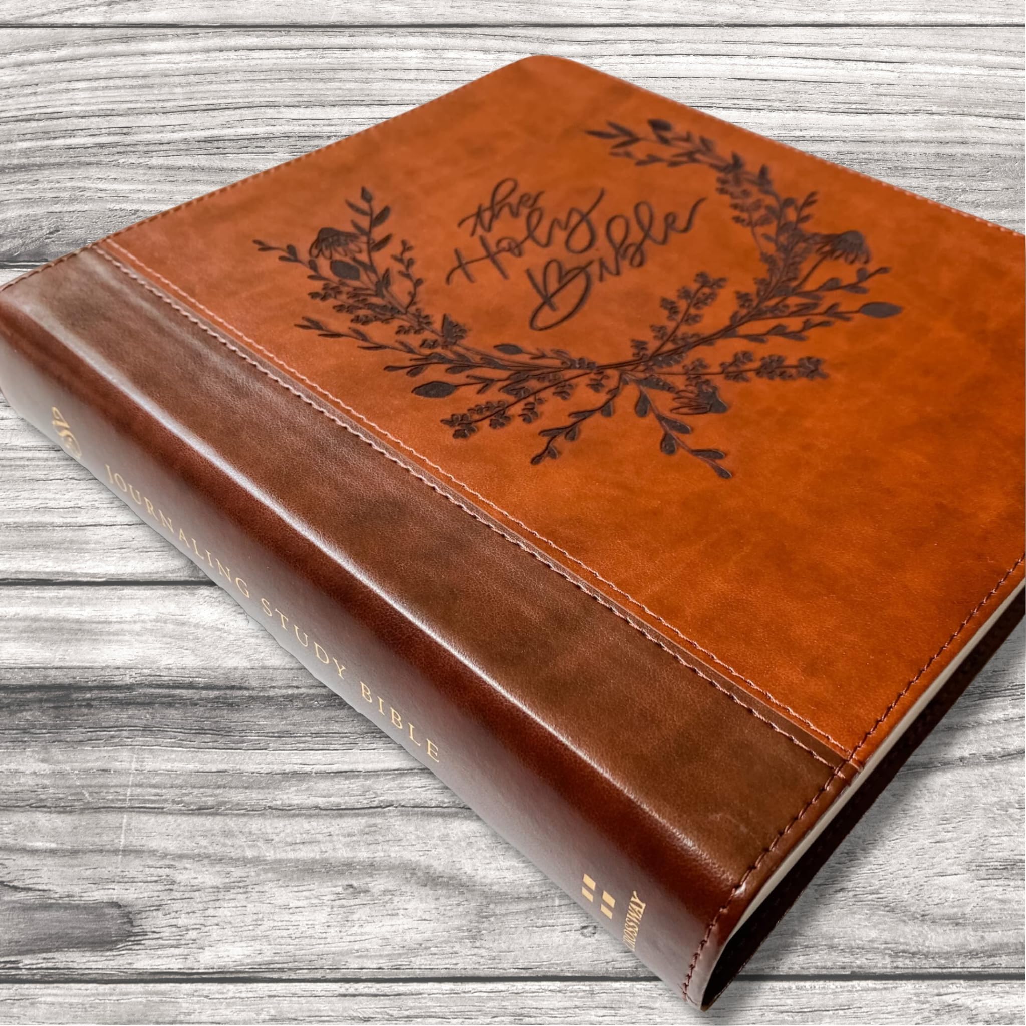 Hand Lettered & Laser Engraved ESV Journaling Study Bible - Personalized Holy Bible with Wreath Design | Custom Name Engraving Available | Perfect for Bible Study, Gift Giving & Spiritual Reflection