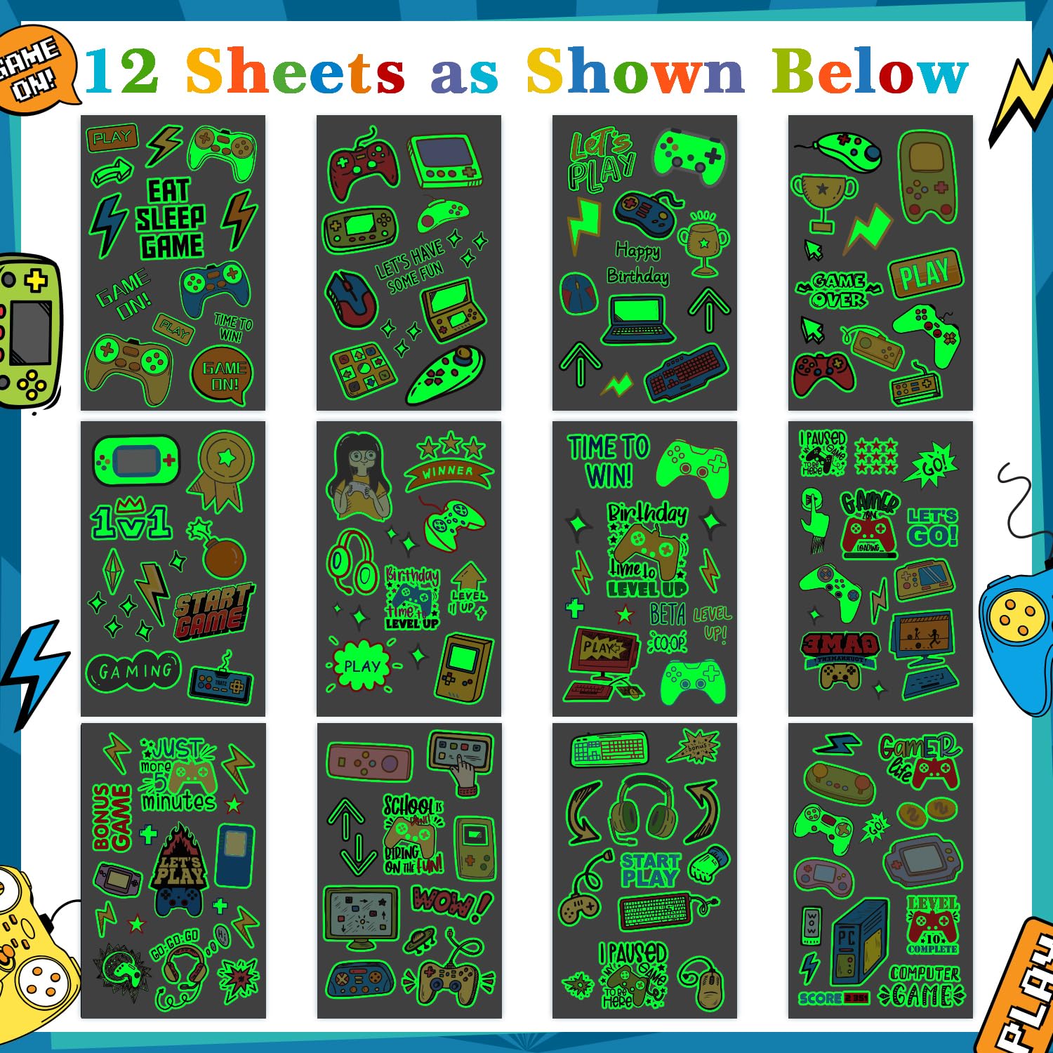 Partywind Glow in the Dark Video Game Temporary Tattoos for Kids - 158 Styles Gamer Birthday Party Supplies, Decorations & Favors for Boys - Fun Fake Tattoo Stickers for Gaming Themed Parties, Halloween & Cosplay Events