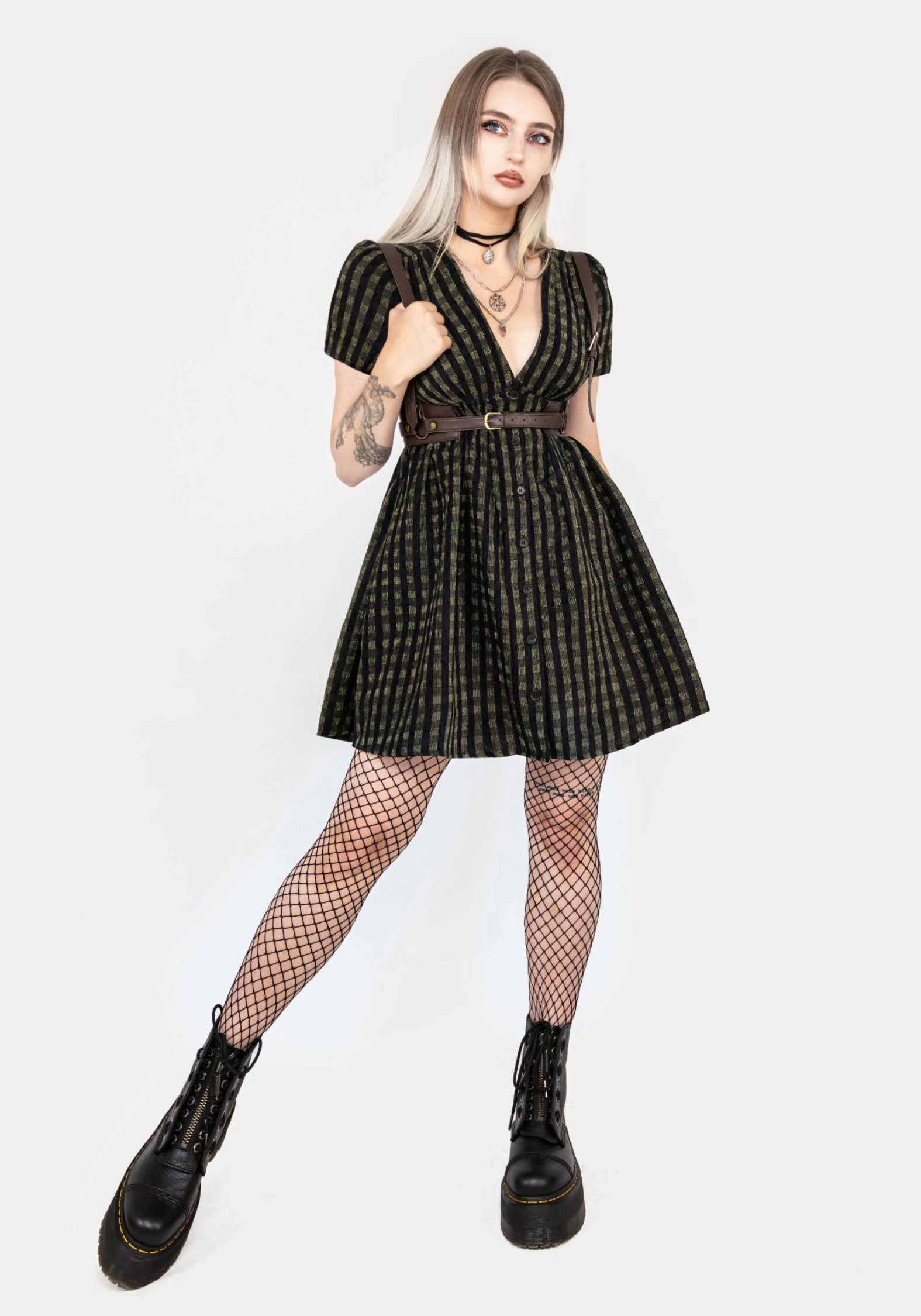 Stylish Rydal Check Button Up Mini Dress in Green - Perfect for Casual Outings & Summer Parties