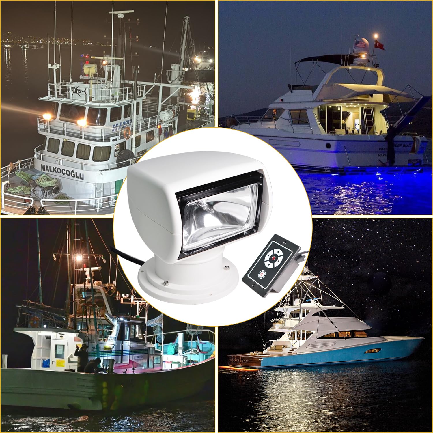 100W Remote Control Marine Spotlight for Boats & Trucks - 360° Rotating Halogen Search Light with 12V Power - Perfect for Night Fishing, Offshore Navigation, and Emergency Rescue Operations