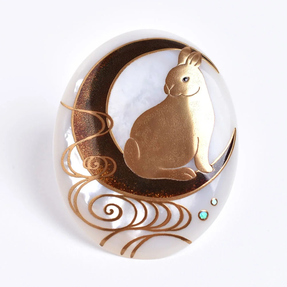 Handcrafted Maki-e Urushi Lacquer Brooch with White South Sea Pearl Shell - Rabbit Design Japanese Traditional Jewelry for Women, Gift for Pearl Lovers, Perfect for Weddings & Special Occasions