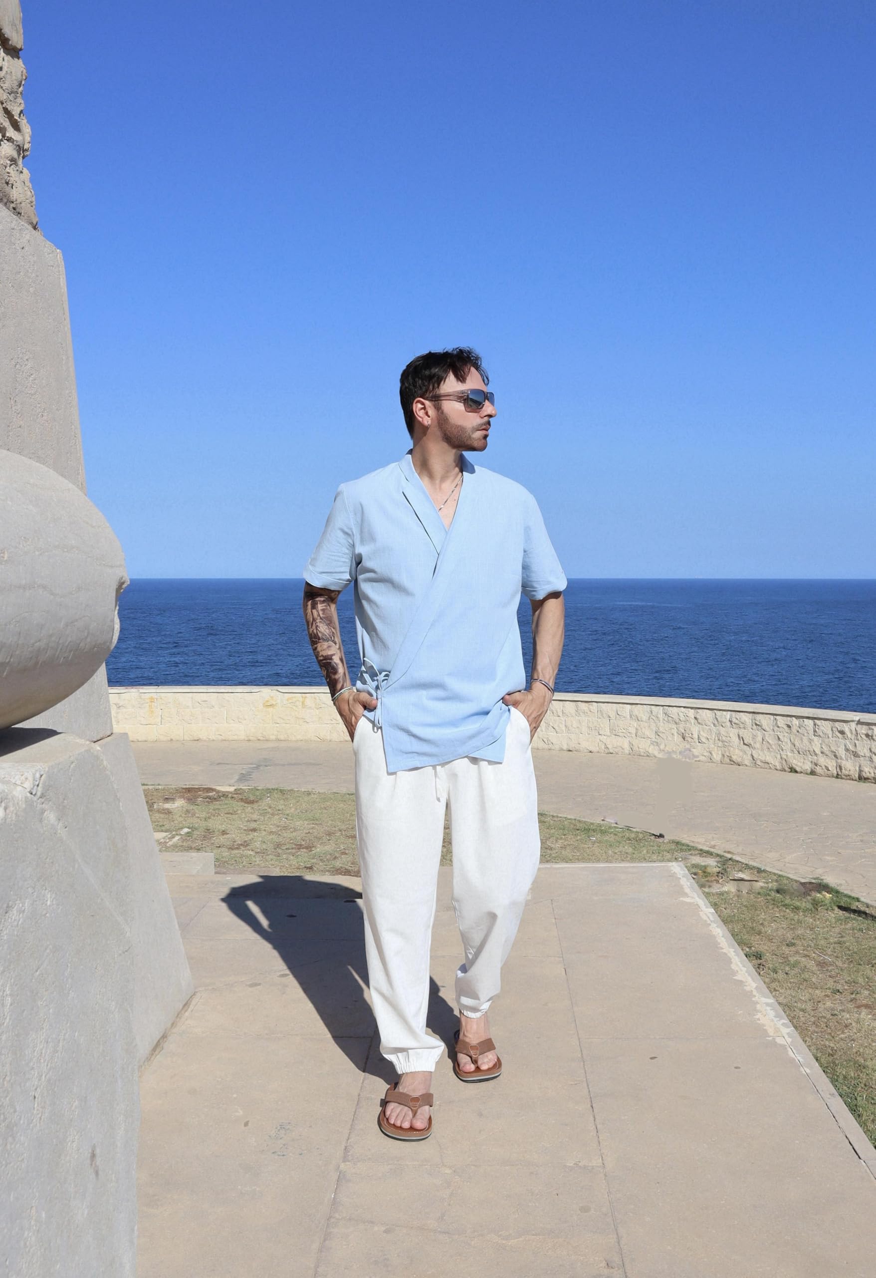COOFANDY Men's Lightweight Linen Casual Jogger Pants with Elastic Waist & Drawstring - Breathable Yoga Beach Lounge Pants with Pockets for Summer Travel & Relaxation