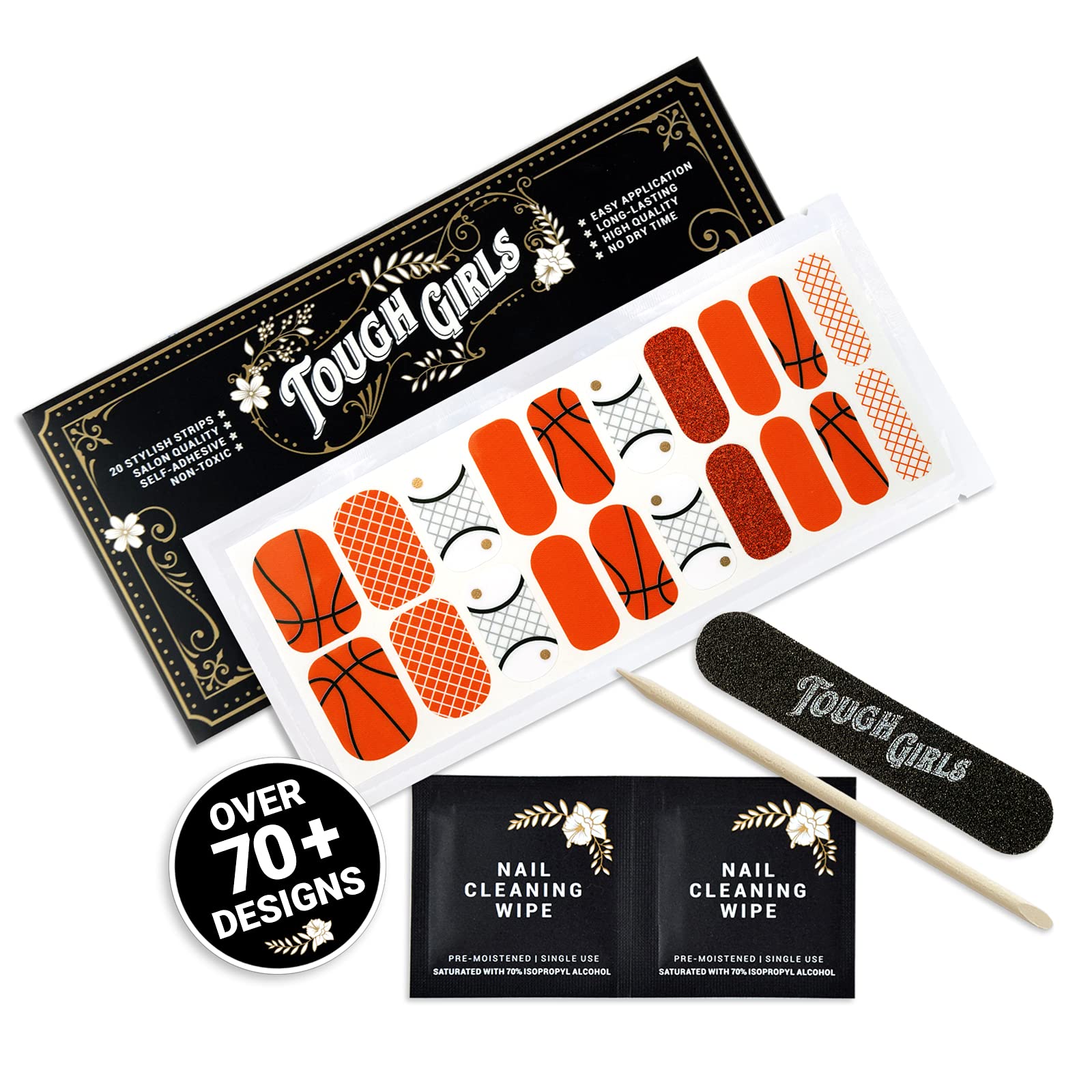 20 Exquisite Gel Nail Polish Strips with Application Accessories - No UV/LED Lamp Needed (Basketball & Orange Glitter Design) | TOUGH GIRLS Collection | Perfect for Parties, Sports Events & Everyday Wear