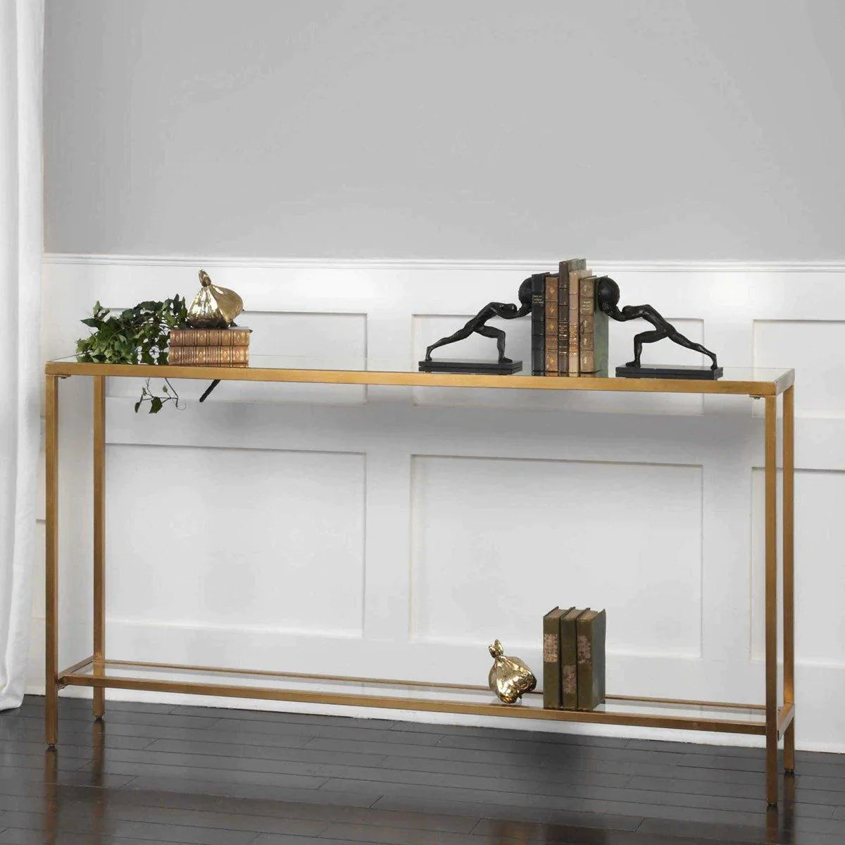 Gold Leaf Console Table with Beveled Mirror Top - Elegant Entryway & Living Room Furniture for Home Decor