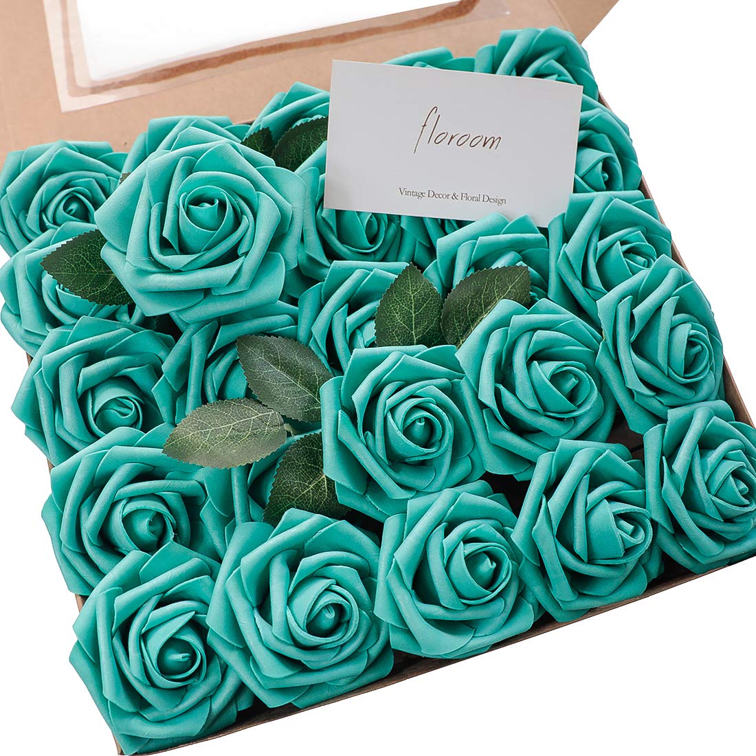 Floroom 25pcs Realistic Teal Green Artificial Foam Roses with Stems - DIY Wedding Bouquets, Baby Shower Centerpieces, Party Table Decor, Home Floral Arrangements for Living Room, Bedroom & Office Decor