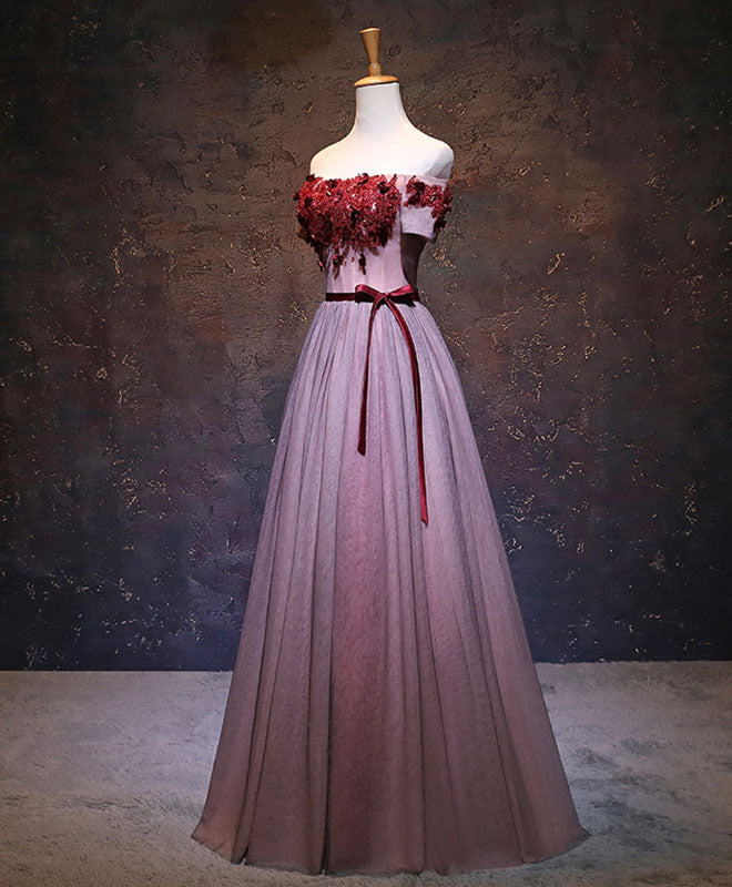 Elegant Burgundy Lace Evening Gown with Pink Tulle Applique - Perfect for Prom, Homecoming, and Formal Occasions
