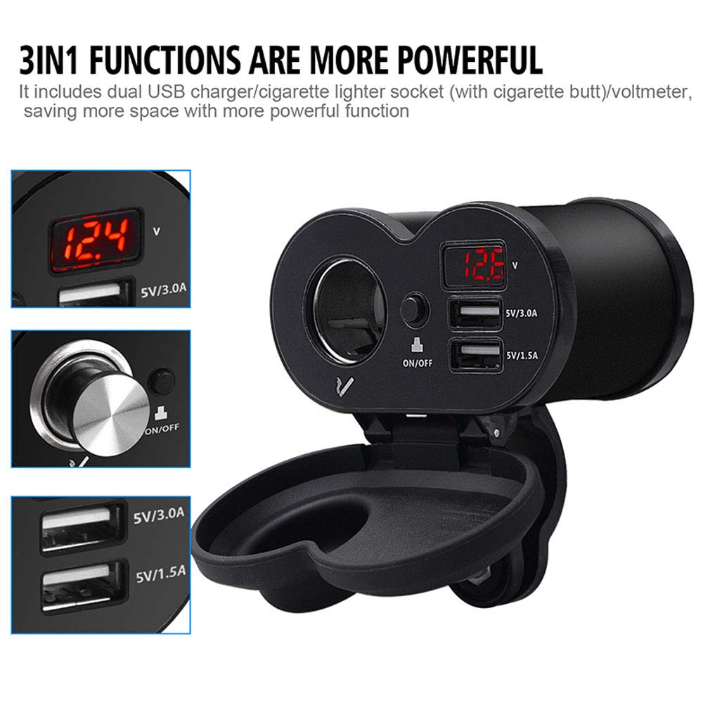 12V/24V Motorcycle USB Charger with QC 3.0 Fast Charging, Dual USB Ports & LED Voltmeter - Waterproof Black Cigarette Lighter Socket for Phone & Devices - Perfect for Long Rides, Road Trips & Outdoor Adventures