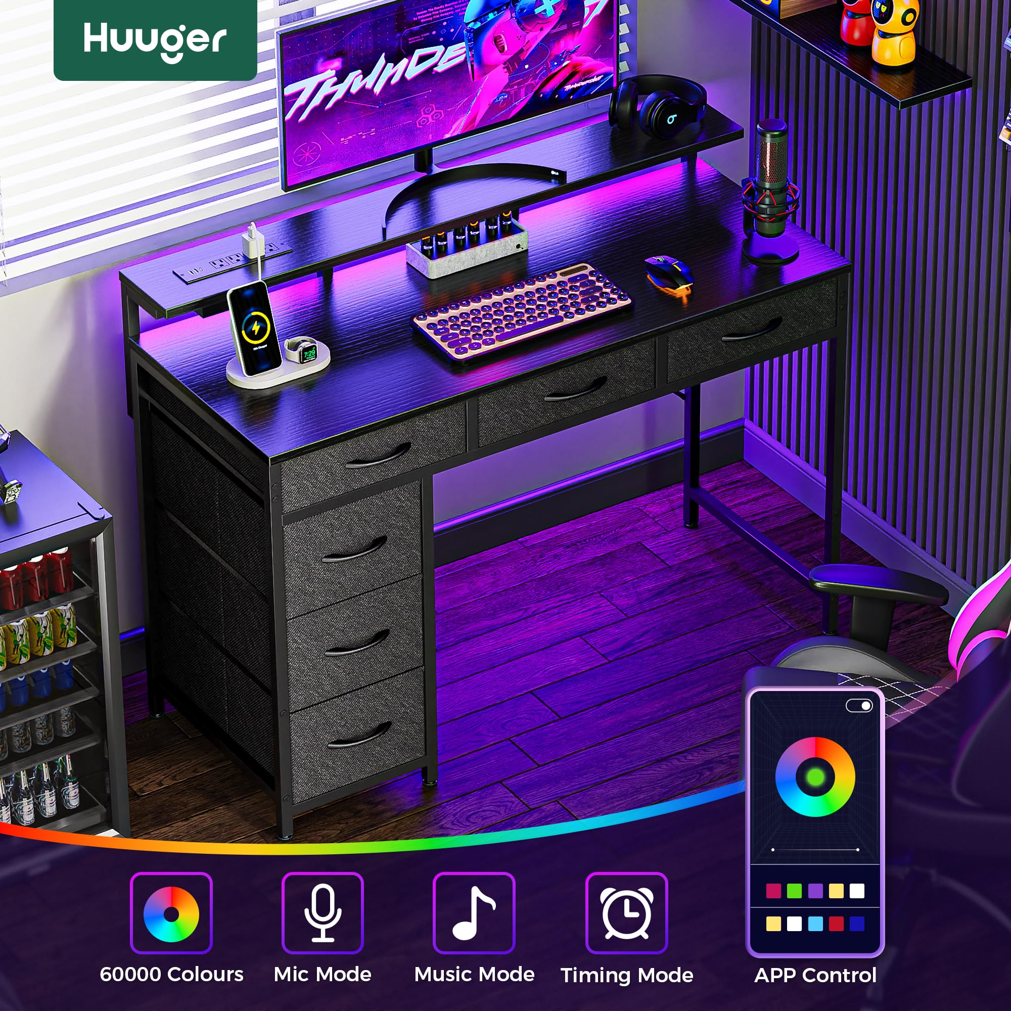 Huuger 39 Inch Gaming Desk with LED Lights, Power Outlets & USB-C - 6 Drawer Computer Desk with Monitor Stand & Storage - Ergonomic Writing Workstation for Home Office, Study Room or Bedroom - Perfect for PC Gaming, Remote Work & Online Classes (Black)