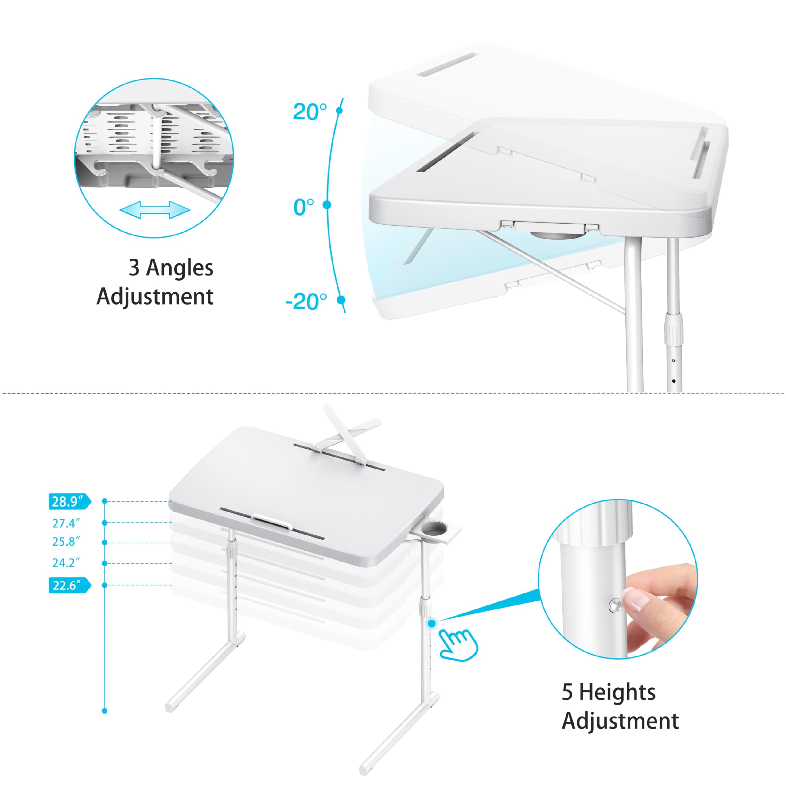 Allpop Ultra TV Tray Table - Adjustable Folding Tray with Book Stand, Cup Holder & Tablet Slot - Perfect for Eating, Working or Watching TV on Couch & Bed - White Home Office & Living Room Essential