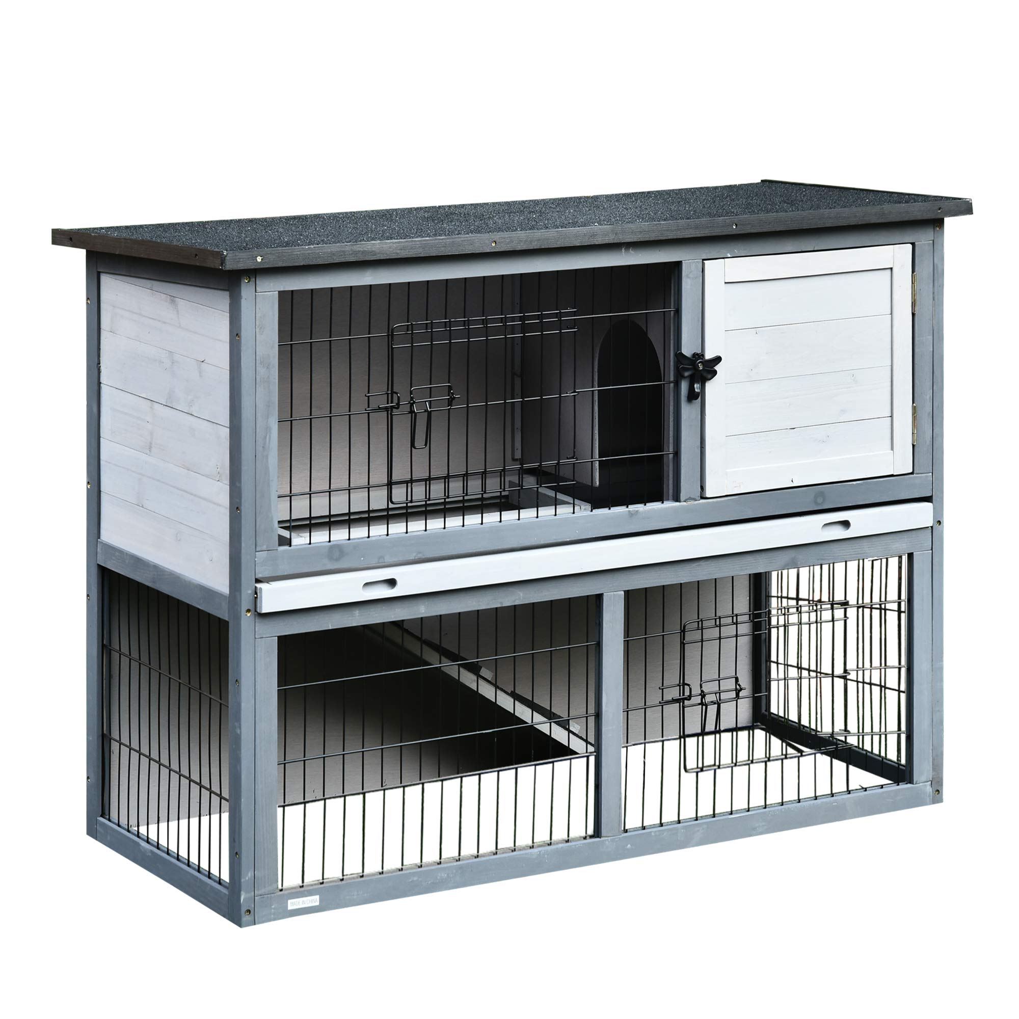 PawHut Wooden Rabbit Hutch with Ramp - 4 Door Outdoor Pet Playpen House Enclosure for Rabbits, Guinea Pigs & Small Animals (Grey) - Perfect for Backyard, Garden & Indoor Use