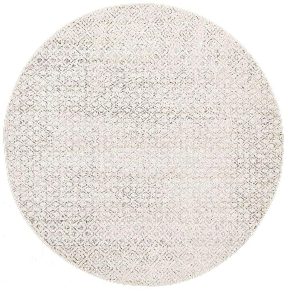 Evoke Grey & Ivory Distressed Diamond Round Area Rug - Soft Vintage Boho Rug for Living Room, Bedroom & Home Decor