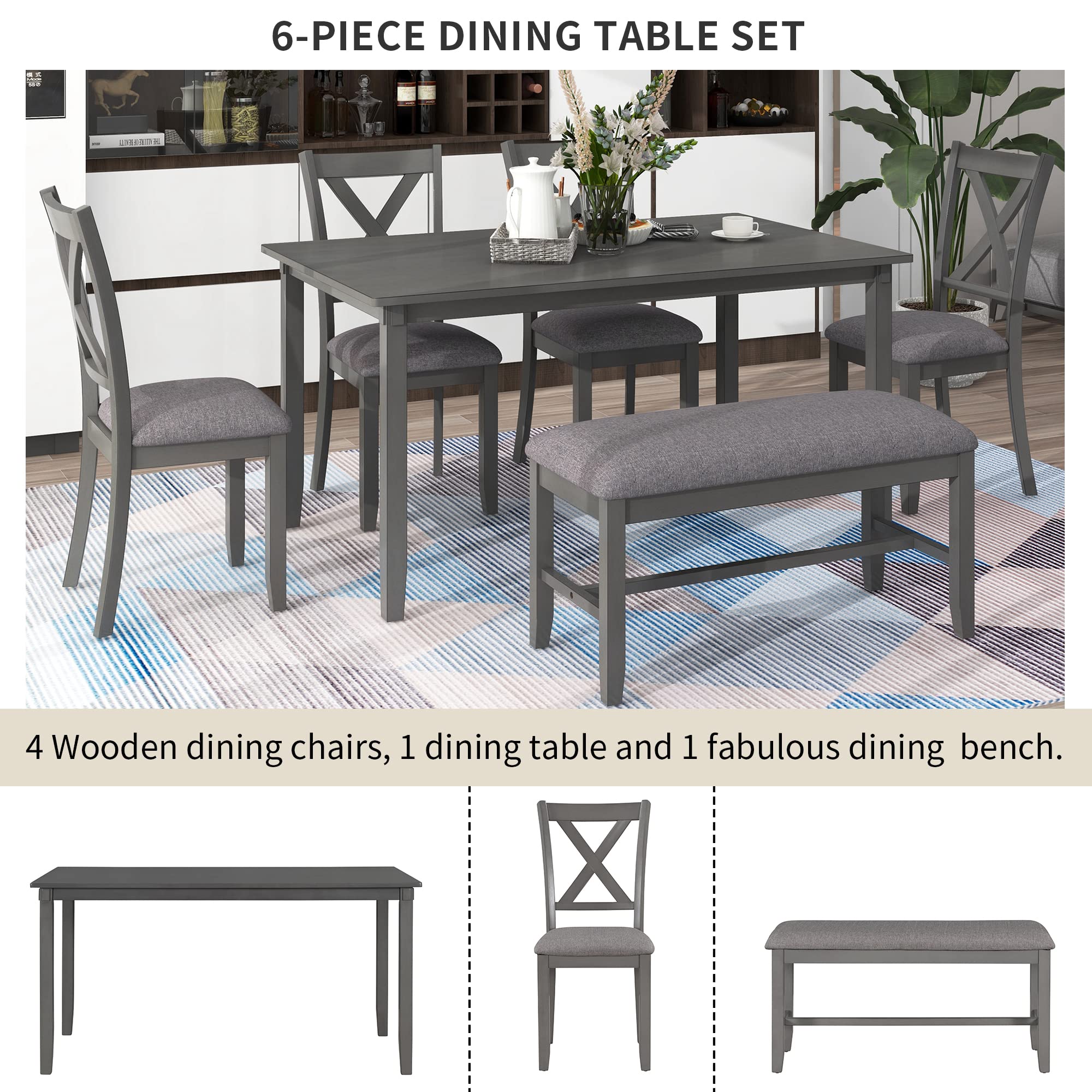 LZ LEISURE ZONE 6-Piece Dining Table Set with Bench - Modern Kitchen & Dining Room Furniture for Home or Restaurant (Grey & Grey) - Perfect for Family Meals, Entertaining Guests & Small Space Dining Areas